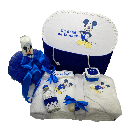 Set Botez Complet Cufar Trusou Lumanare Mickey Mouse 10 Piese Alb