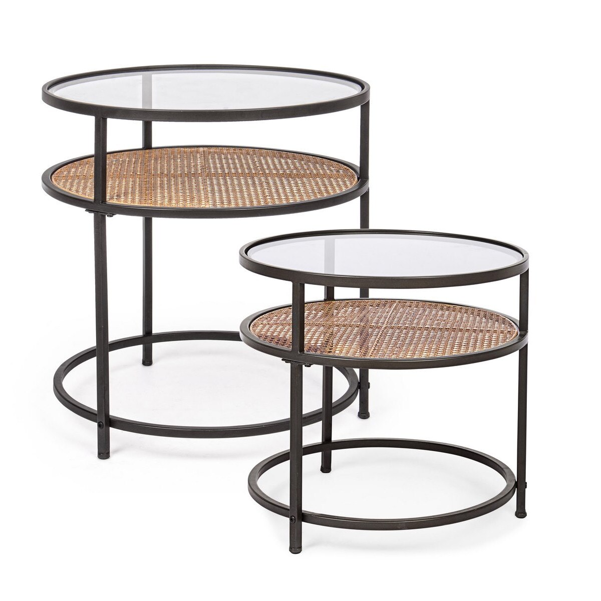 Set 2 masute cafea blat sticla rattan natur cadru fier maro Elton Ø