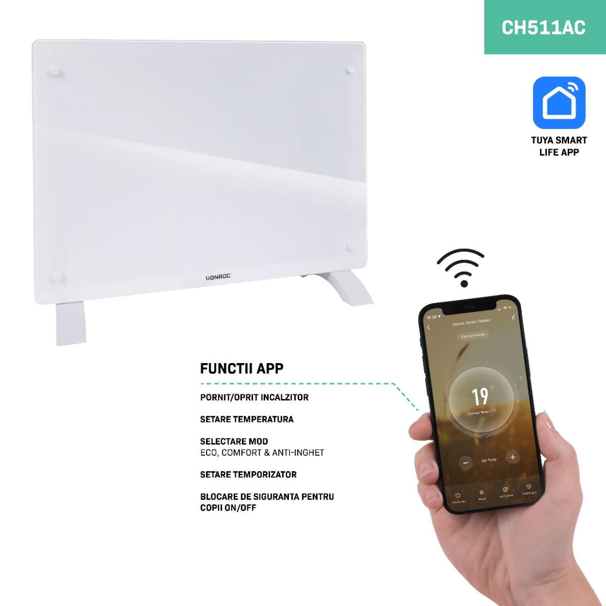 Konvektor üveglappal VONROC CH511AC WHITE 1500W WIFI eMAG hu