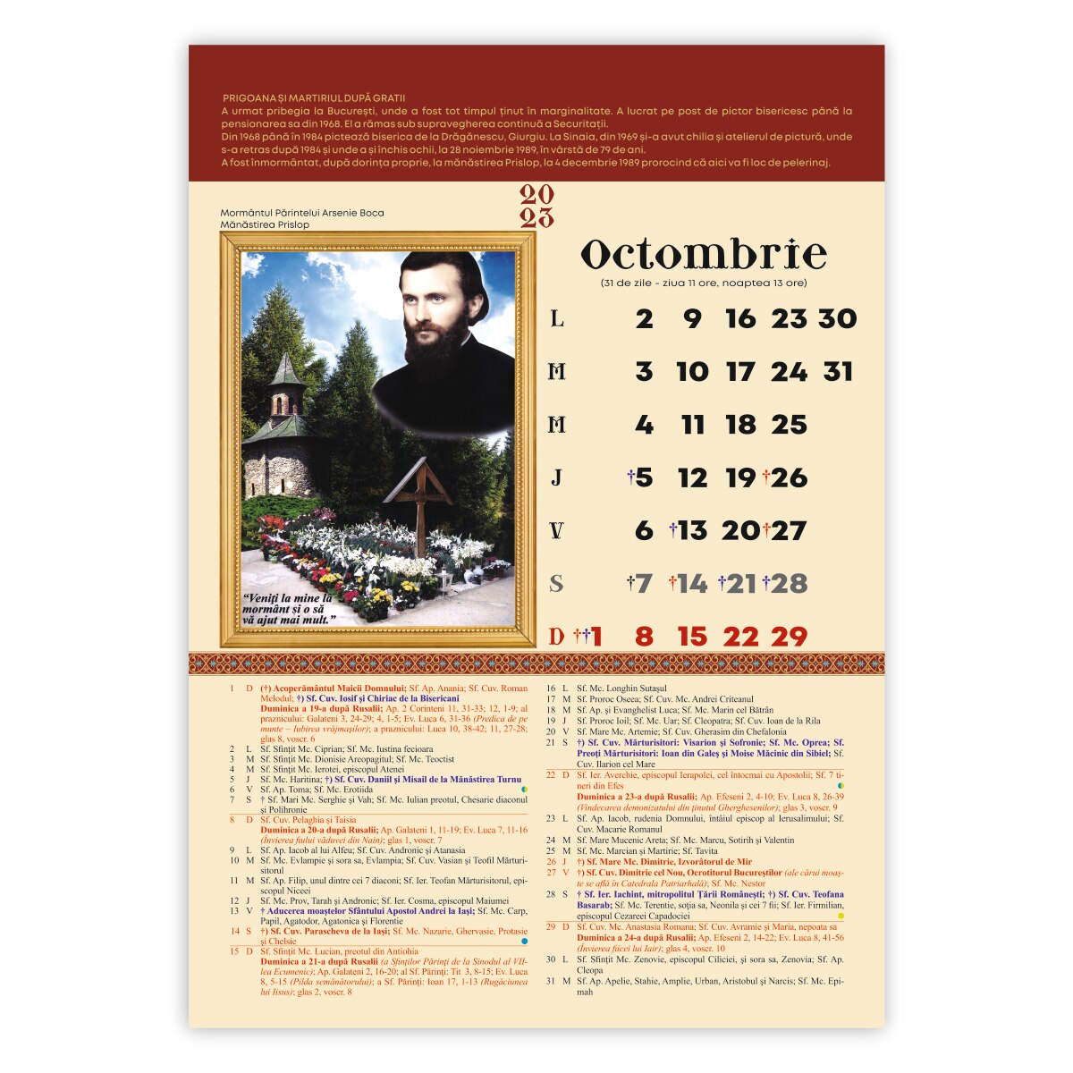 Calendar De Perete Crestin Ortodox 2023 Parintele Arsenie Boca Format