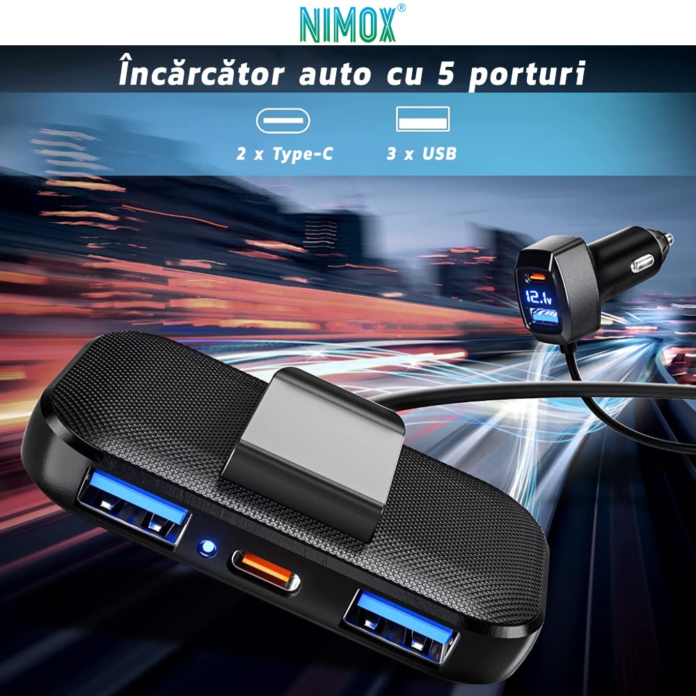 Incarcator Auto Nimox Cu 5 Porturi 31 W Fast Charge Senzor Voltaj