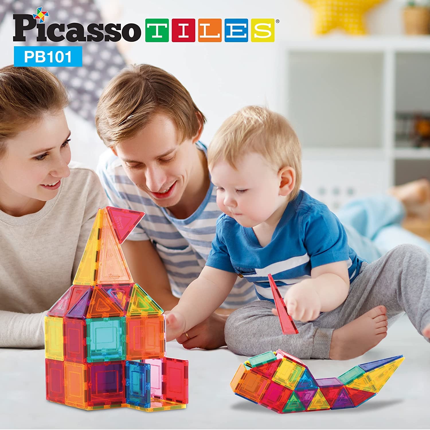 Set Constructie 101 Piese Magnetice PicassoTiles Cu Geanta De