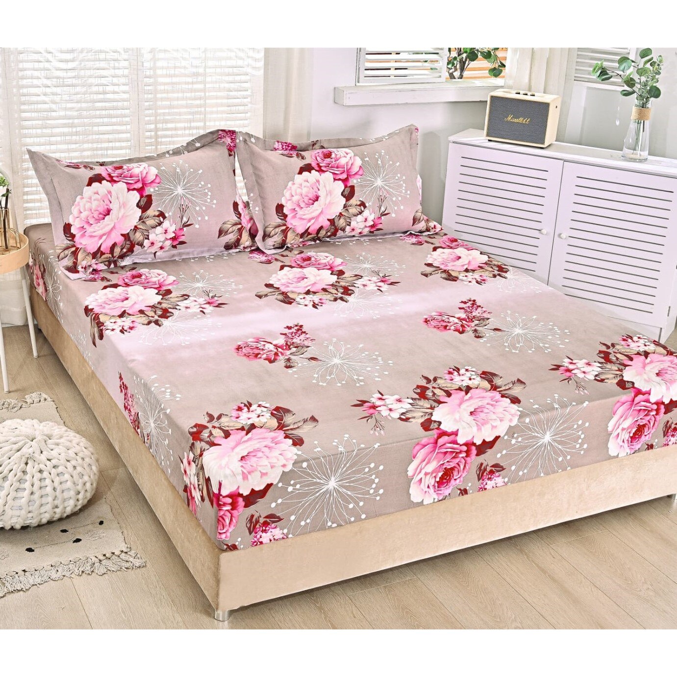 Set Cearceaf Pat Cu Elastic 180X200 Cm Si 2 Fete De Perna Bej Rose POL