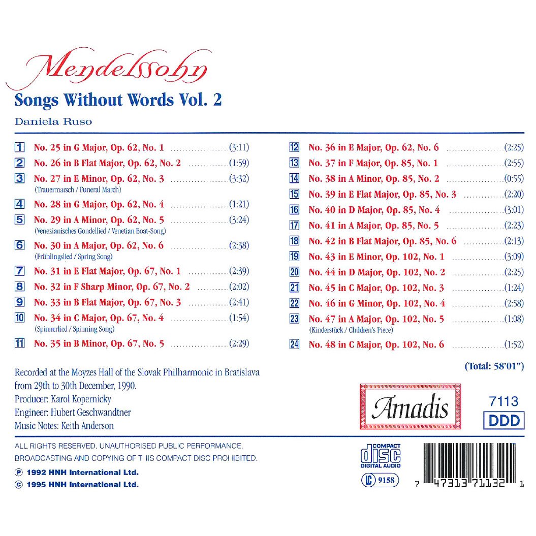 Mendelssohn Songs Without Words Lieder Ohne Worte Vol 2 CD EMAG Ro