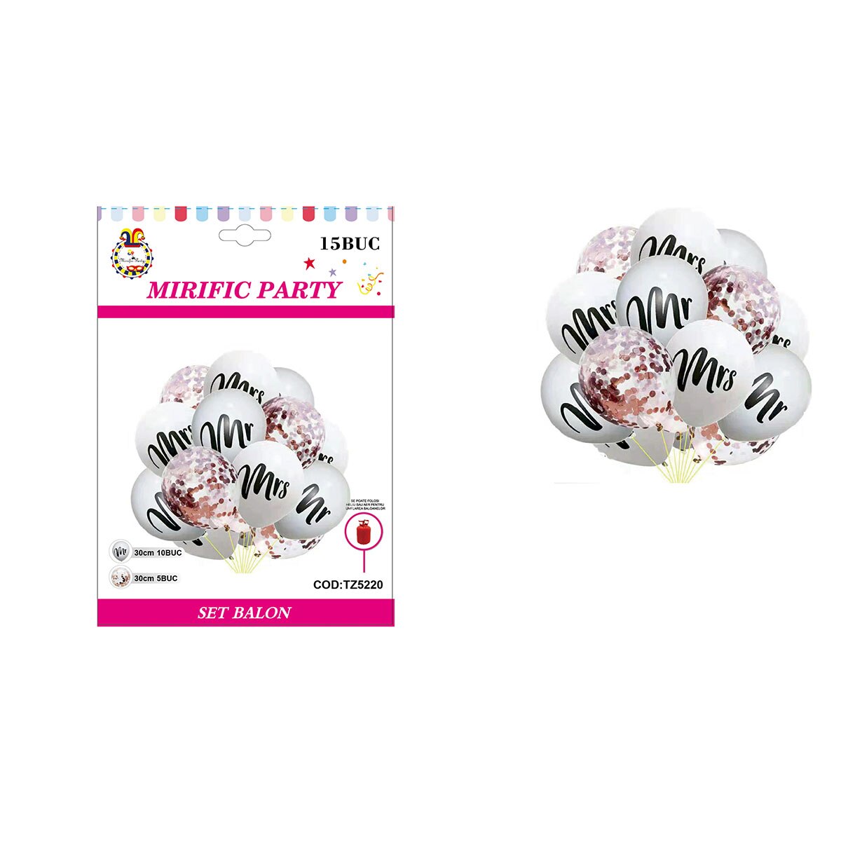 Set Aranjament 15 Baloane Latex Cu Confetti Mr Mrs Multicolor 30