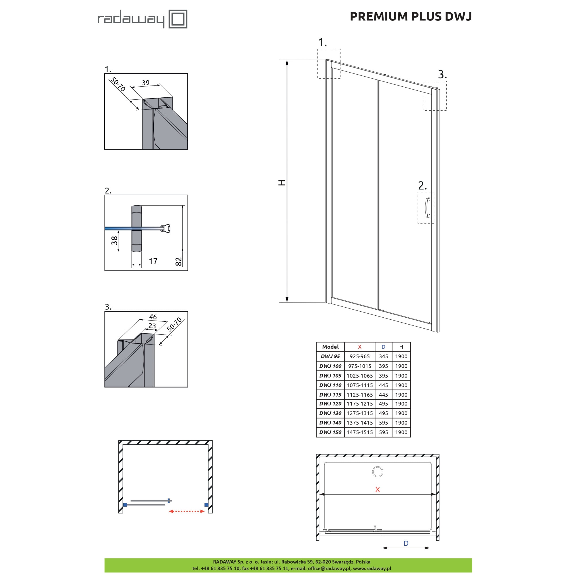 Душ кабина Radaway Premium Plus DWJ Плъзгаща врата за ниша 1400x1900