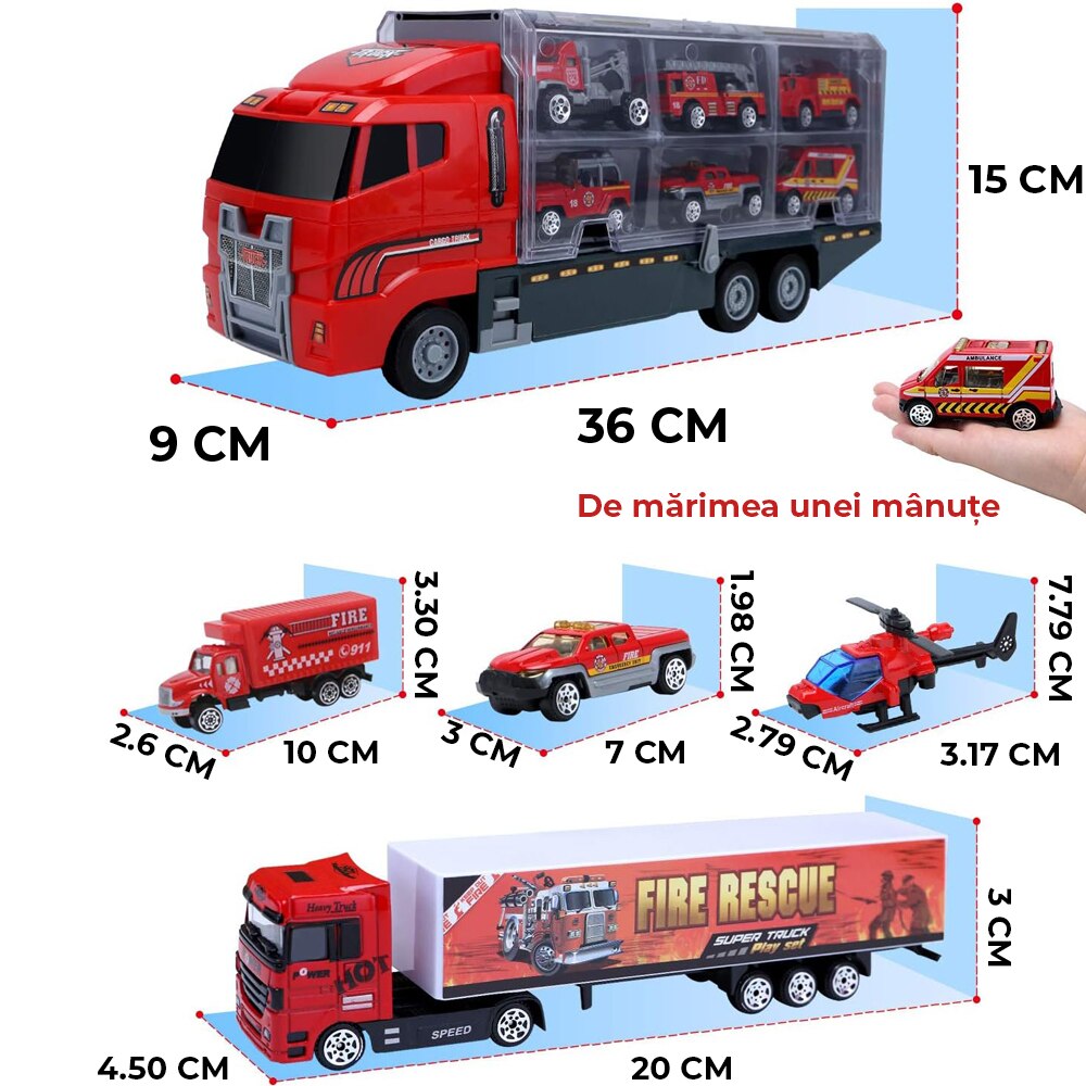 Set Camion Trailer De Jucarie Pentru Transport Seria Pompieri