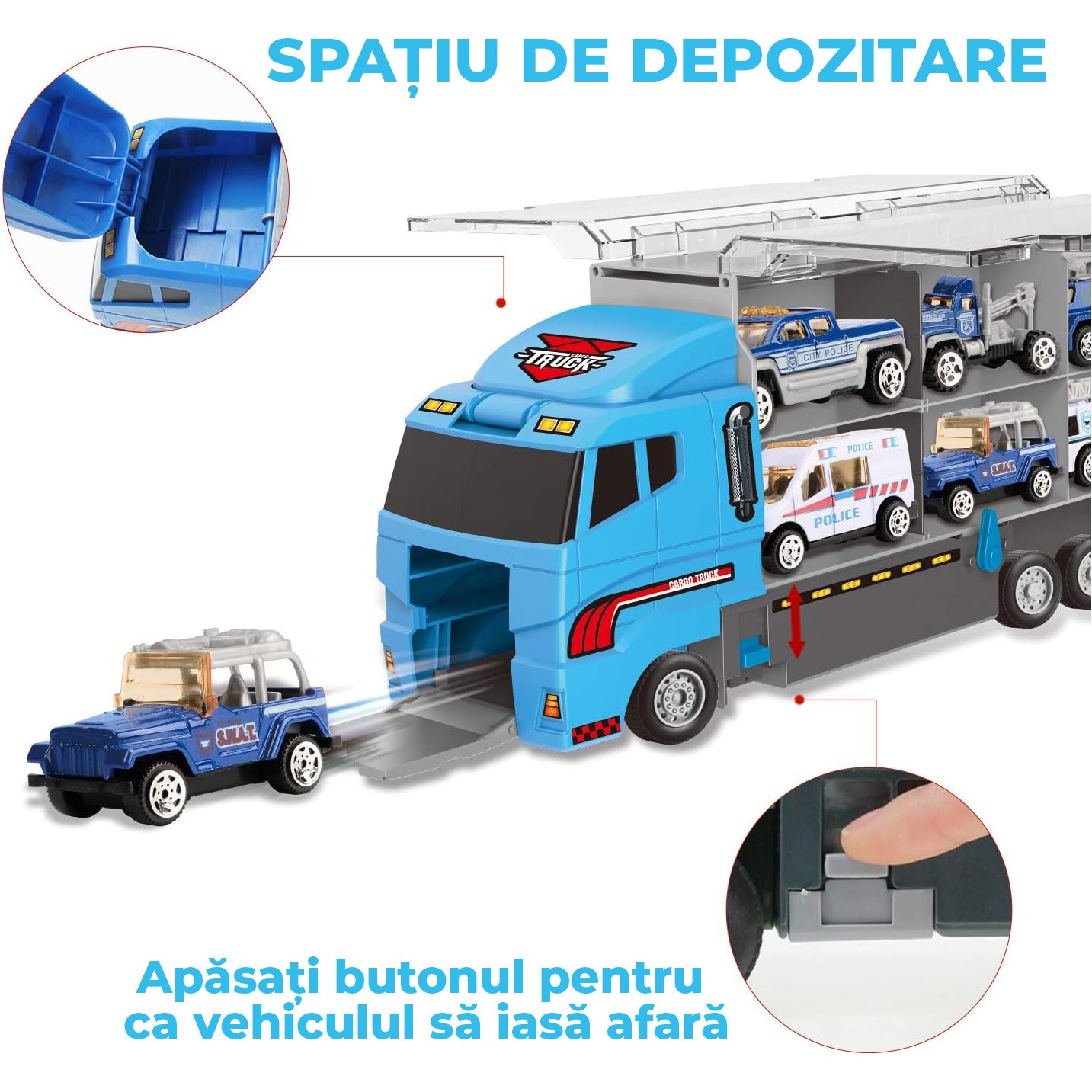 Set Camion Trailer De Jucarie Pentru Transport Seria Politie Masinute