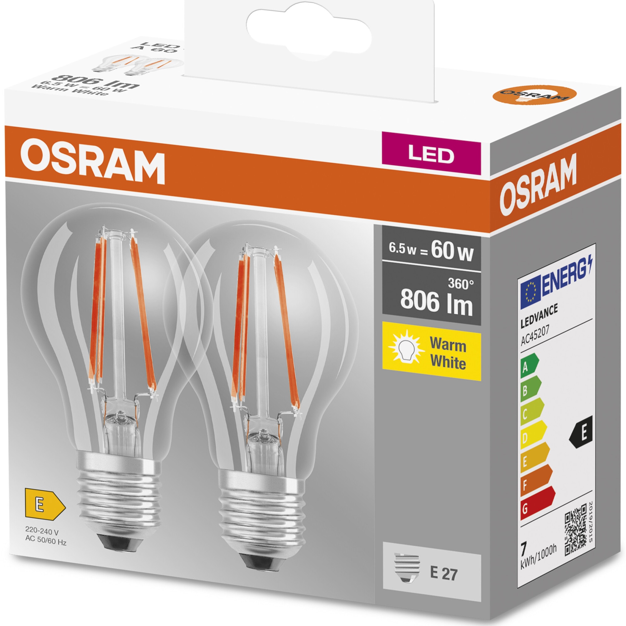 Set 2 Becuri LED Osram Base Filament A60 E27 6 5W 60W 806 Lm