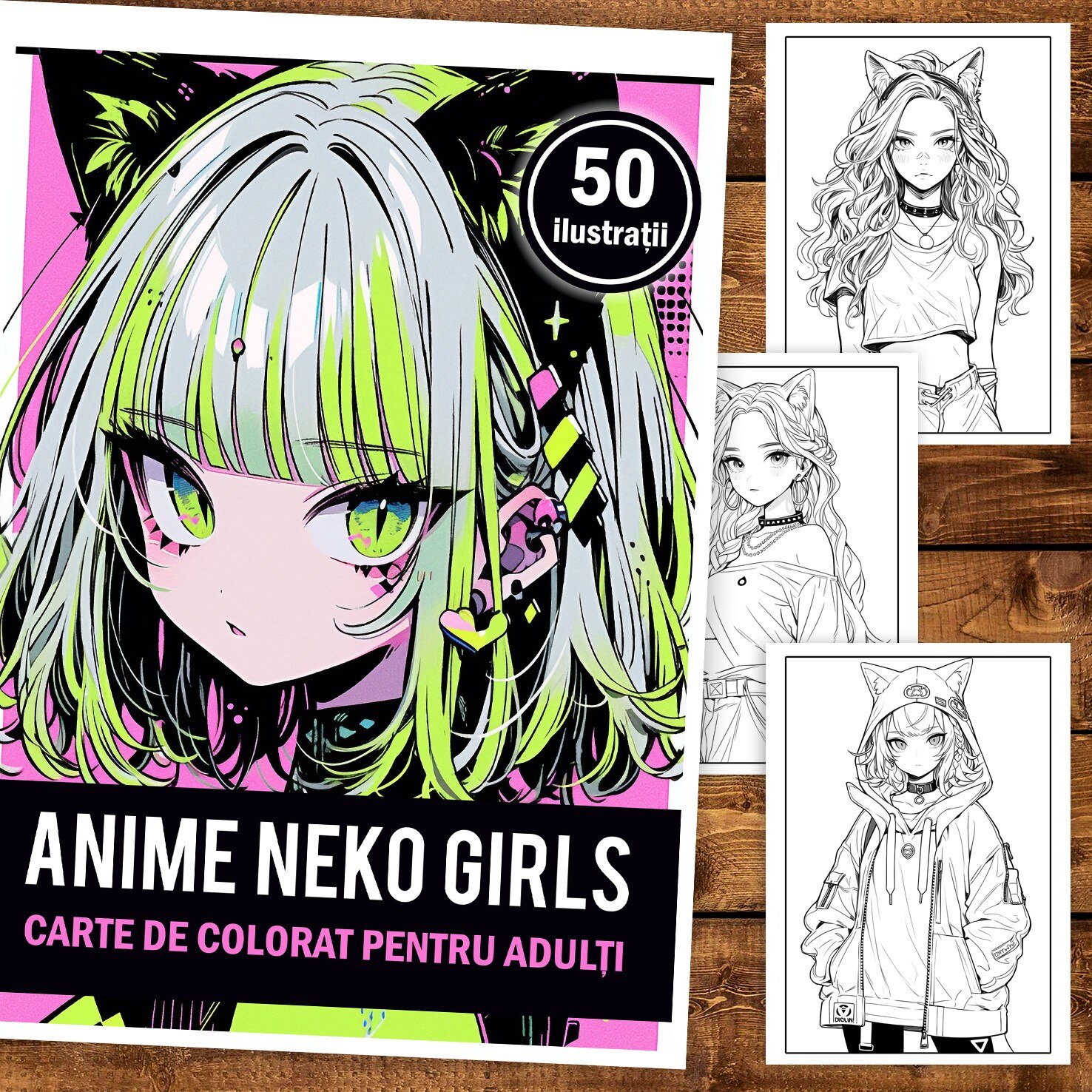 Carte De Colorat Pentru Adulti De Ilustratii Anime Neko Girls