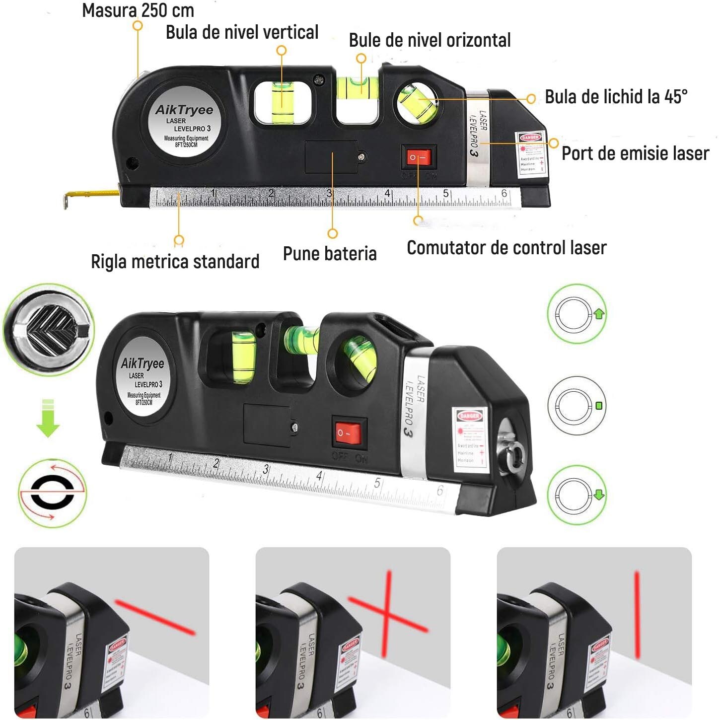 Nivela Laser Cruce Orizontal Si Vertical Boloboc 3 Bule Ruleta 2 5m