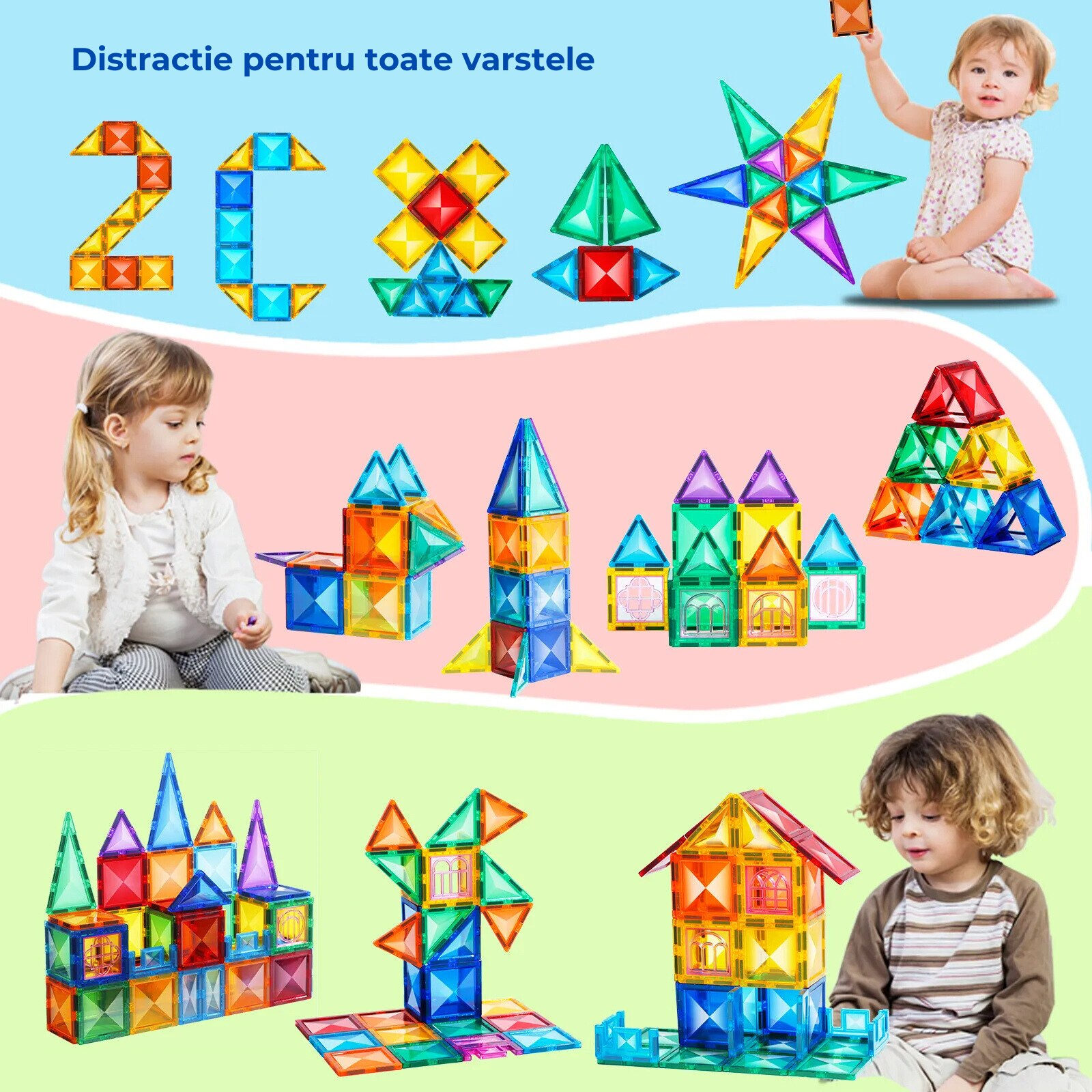 Set De Constructie Magnetic Tiles 72 Piese Mari Model Diamant