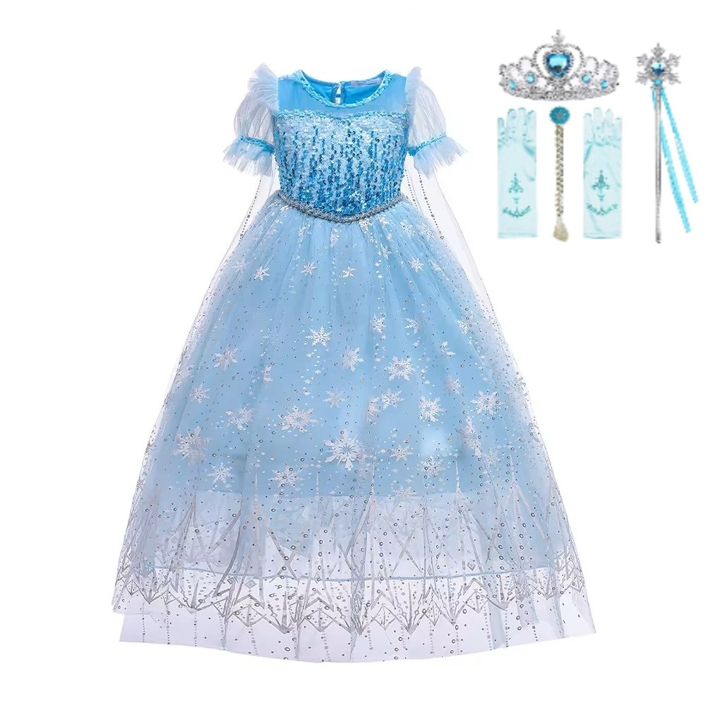 Set Costum Elsa Frozen Rochie Albastra Pelerina Cu Stelute Si