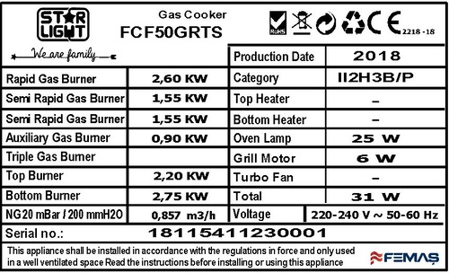 Aragaz Star-Light FCF50GRTS, 4 arzatoare, Gaz, Aprindere electrica plita/cuptor, Siguranta plita si cuptor, Grill, Rotisor, Timer, 50 Inox - eMAG.ro