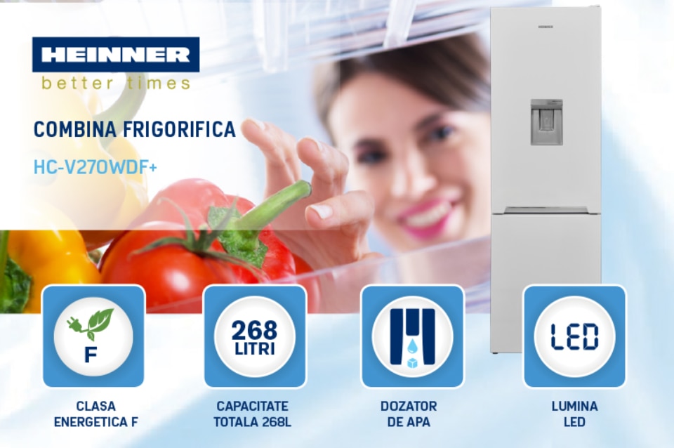Combină frigorifică Heinner HC-V270WDF+, Static, 268l, Clasa F, H 170 cm, Alb, Dozator de apă