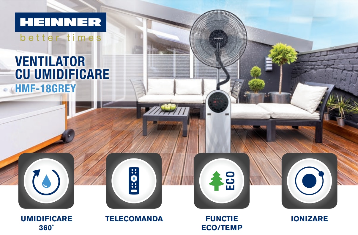 Ventilator Heinner, Rezervor apa 1.8 l, Telecomanda, Umidificare 360, 3 tipuri de ventilare, Temporizator