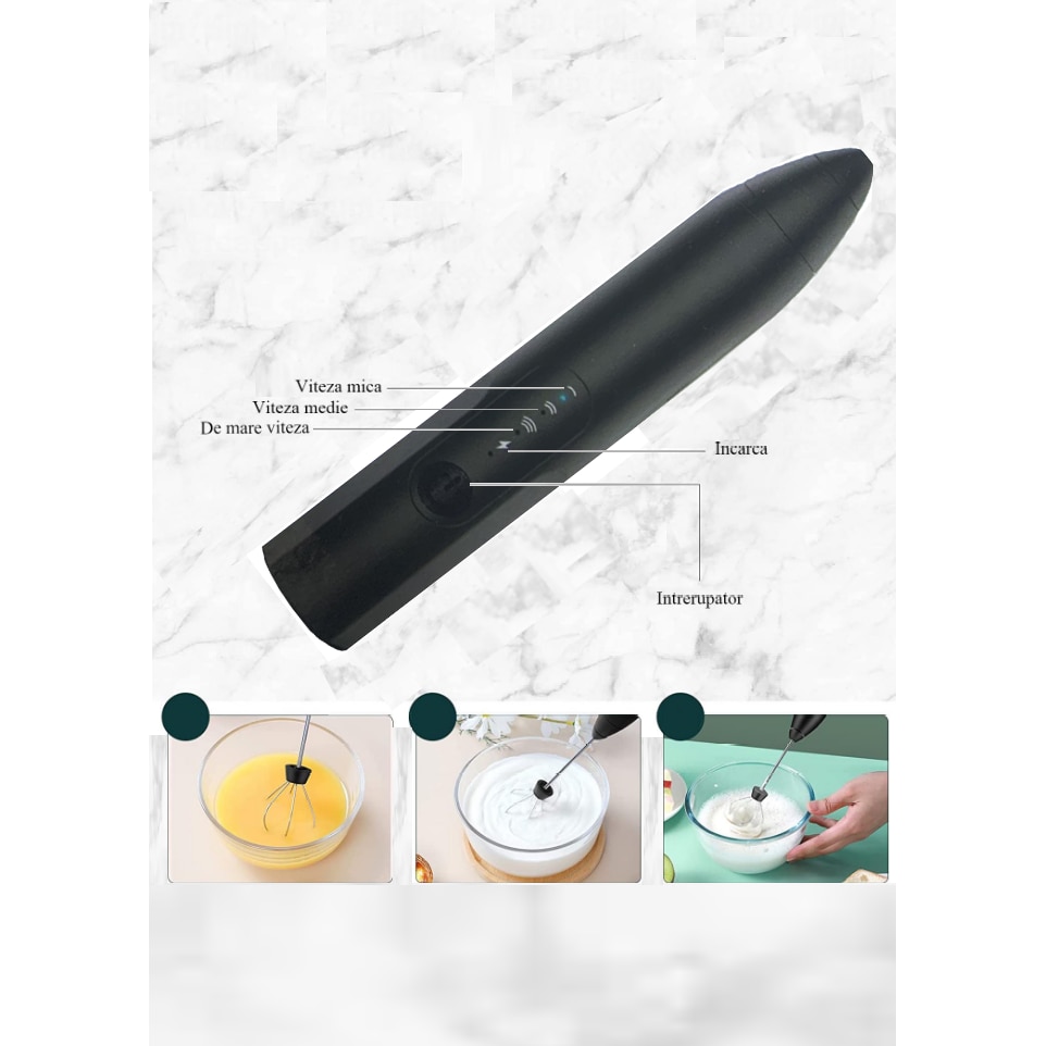 Mini Mixer electric cu acumulator, pentru a face spuma de lapte, frappe, cappucino sau mixat oua, brat otel inoxidabil, incarcare USB, Negru - Accesorii si piese aparate cafea - atMag.ro