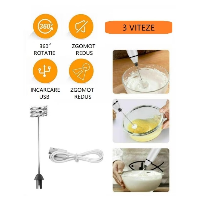Mini Mixer electric cu acumulator, pentru a face spuma de lapte, frappe, cappucino sau mixat oua, brat otel inoxidabil, incarcare USB, Negru - Accesorii si piese aparate cafea - atMag.ro