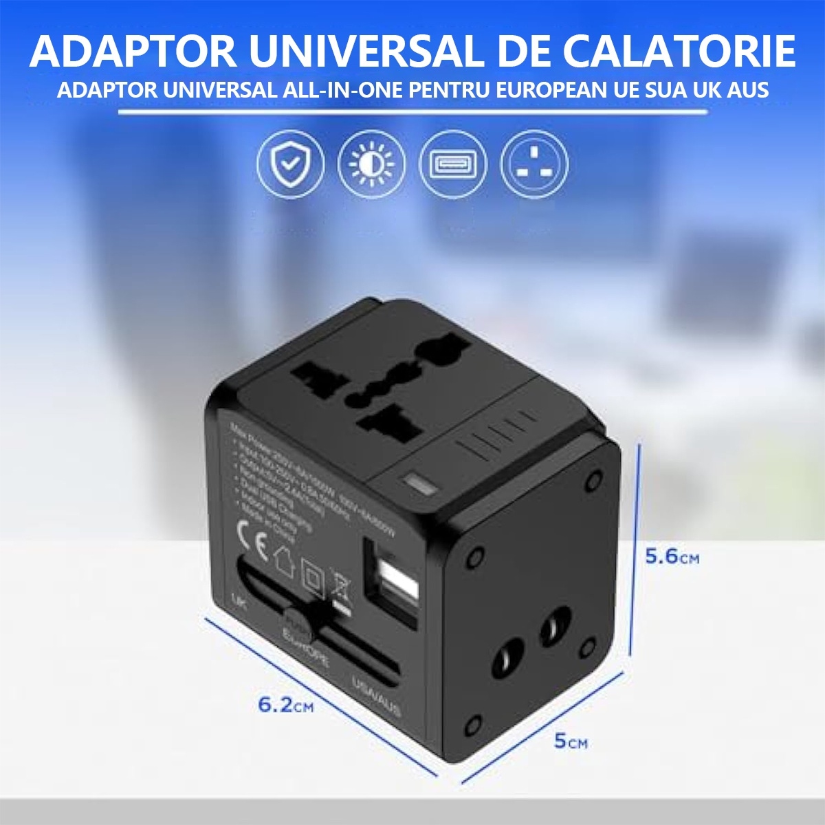 Adaptor universal de calatorie, cu porturi USB duble, Begleri®, Incarcator universal All-in-One Power for European EU US UK AUS, Negru, 6.2x5.0x5.6cm 4 res 1e6b8a062d7fddd2b22795beb064a242