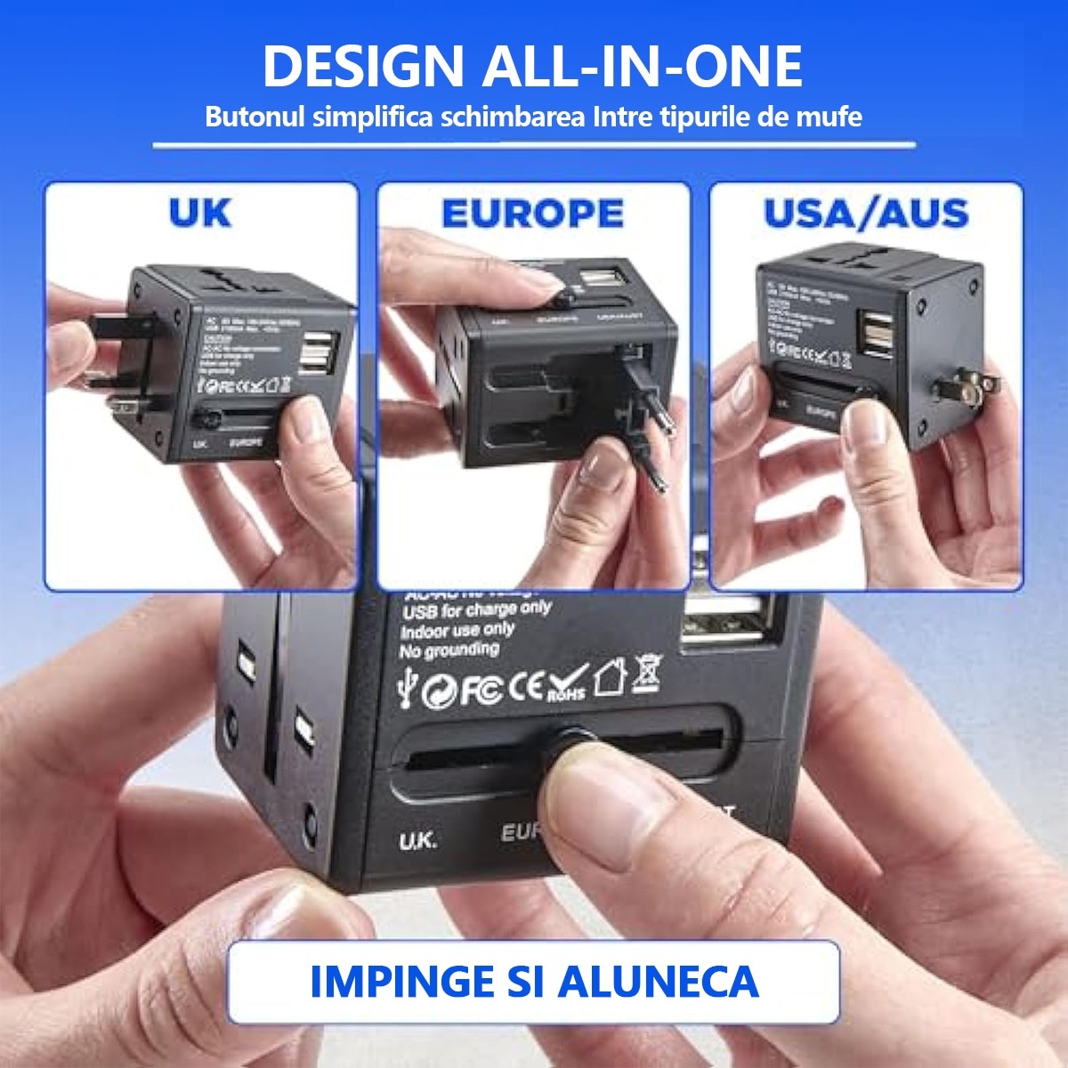 Adaptor universal de calatorie, cu porturi USB duble, Begleri®, Incarcator universal All-in-One Power for European EU US UK AUS, Negru, 6.2x5.0x5.6cm 2 res 801f07bbbcac926970f3b2b7aedcefc8