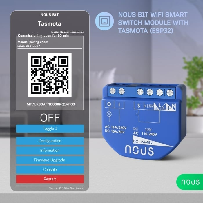 Releu inteligent Nous B2T PM, 16A, Wi-Fi, Tasmota, Matter, Monitorizare energie - 1 canal, ESP32 1 res 85cea46a8df2aae076f8d6fb75fdea8e