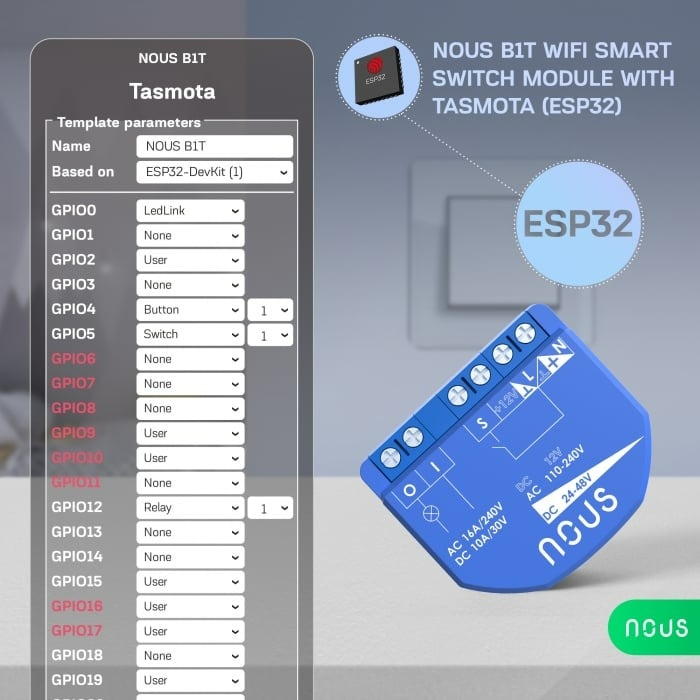 Releu inteligent Nous B2T PM, 16A, Wi-Fi, Tasmota, Matter, Monitorizare energie - 1 canal, ESP32 5 res b129d55ef5be7f6eb6018b6738459b7b
