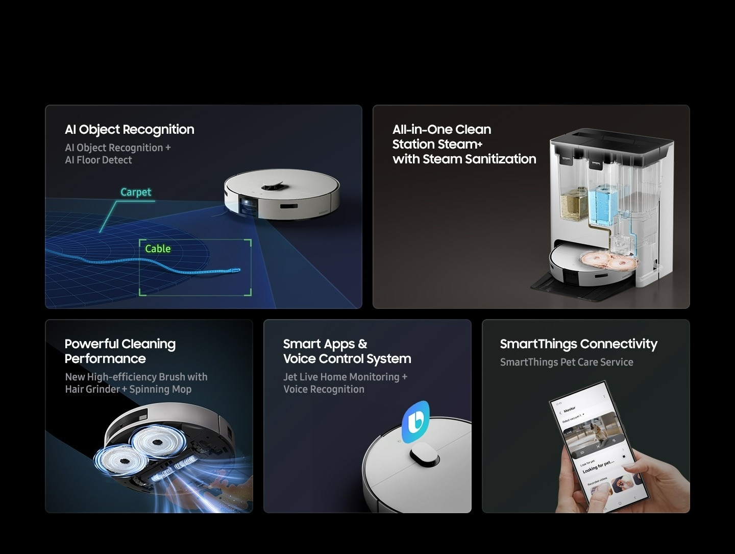 Robot de aspirare Samsung BESPOKE Jet BOT Combo™ AI Steam VR7MD97714G/GE, Mop rotativ, Autocuratare lavete, Recunoastere obiecte AI si suprafete, LiDar , Senzor 3D, Monitorizare Video, Statie de colectare Clean Station, putere de aspirare 6000Pa, Grej 1 res 4825b900b80b0fb1b968abbc19fcd5fd