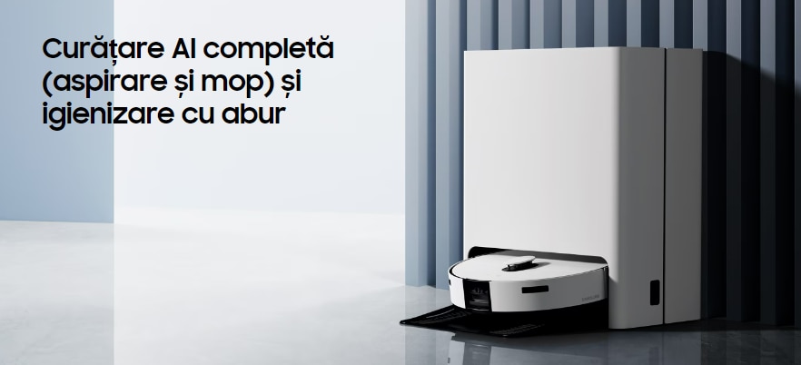 Robot de aspirare Samsung BESPOKE Jet BOT Combo™ AI Steam VR7MD97714G/GE, Mop rotativ, Autocuratare lavete, Recunoastere obiecte AI si suprafete, LiDar , Senzor 3D, Monitorizare Video, Statie de colectare Clean Station, putere de aspirare 6000Pa, Grej 2 res cedac07965af8479da382e168f80bb8c