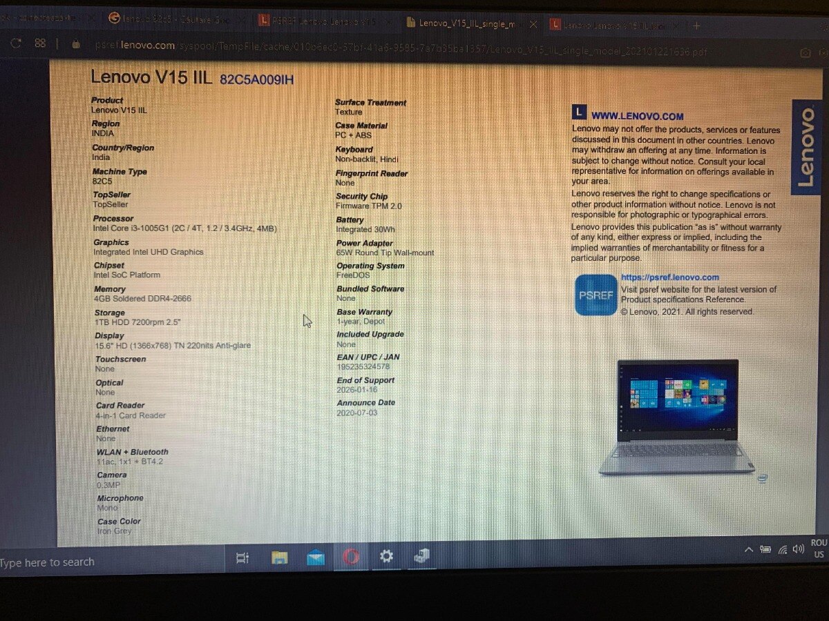 Laptop Lenovo V15-IIL cu procesor Intel Core i3-1005G1 pana la 3.40 GHz, 15.6", HD, 4GB, 256GB SSD, Intel UHD Graphics, Free DOS, Grey
