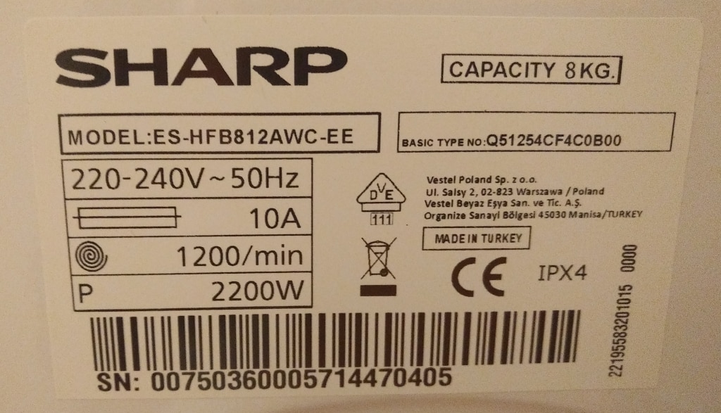 Masina de spalat rufe frontala SHARP ES-HFB812AWC, Motor Advanced Inverter, 8 kg, 1200 rpm, Clasa C, Alb
