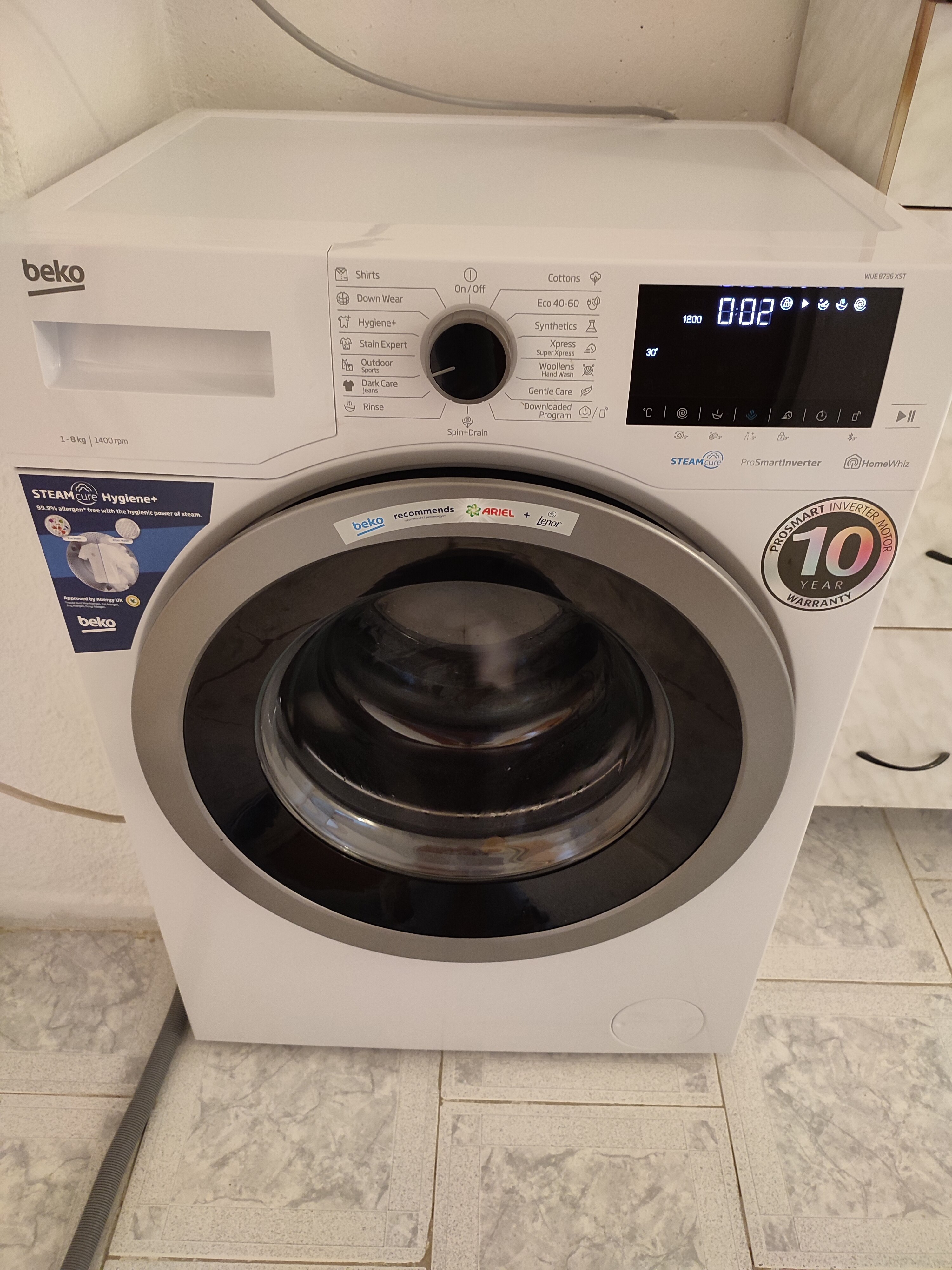 Masina de spalat rufe Beko WUE8736XST, 8 kg, Clasa C, 1400 RPM, HomeWhiz, Bluetooth, SteamCure, Add Garment, Motor ProSmart Inverter, Alb