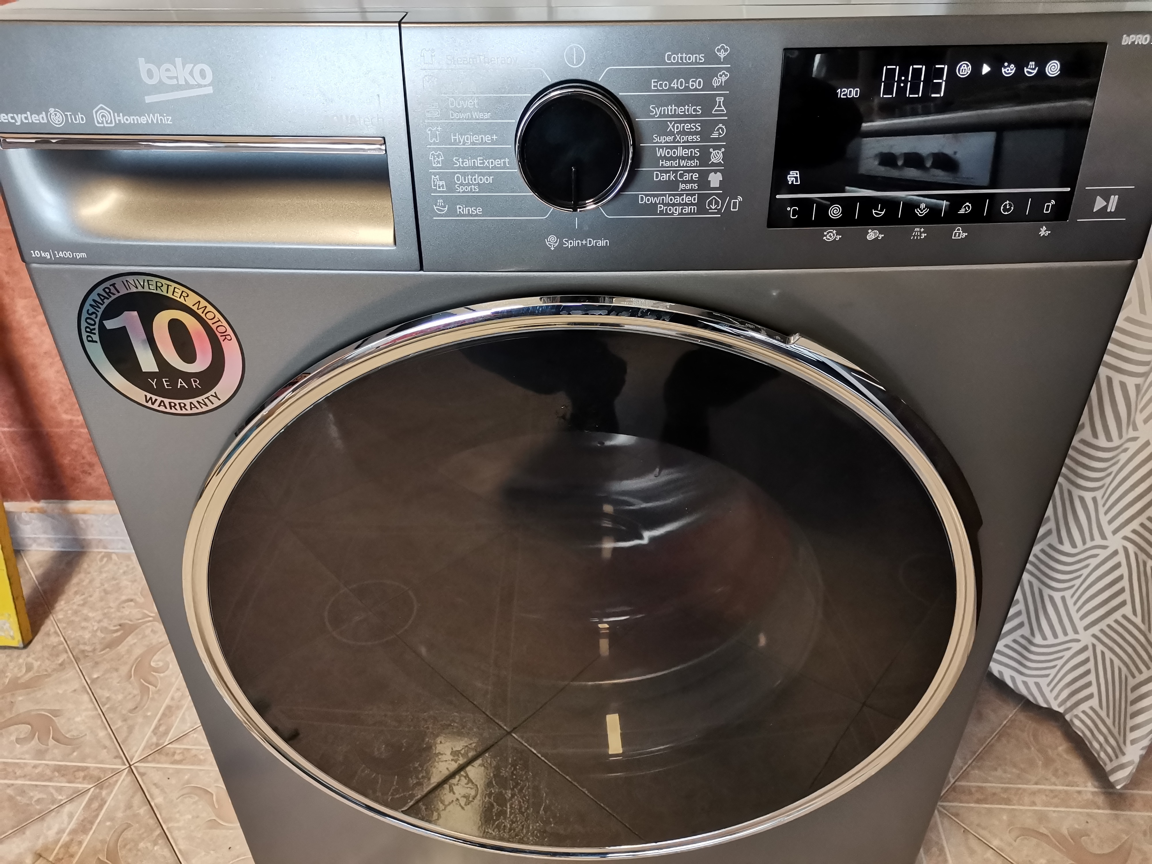 Masina de spalat rufe Beko B3WFU510418M, 10 kg, 1400 RPM, Clasa A, Recycled Tub, Homewiz Remote Control, Motor ProSmart Inverter, AddXtra, Hygiene+, SteamCure, Gri