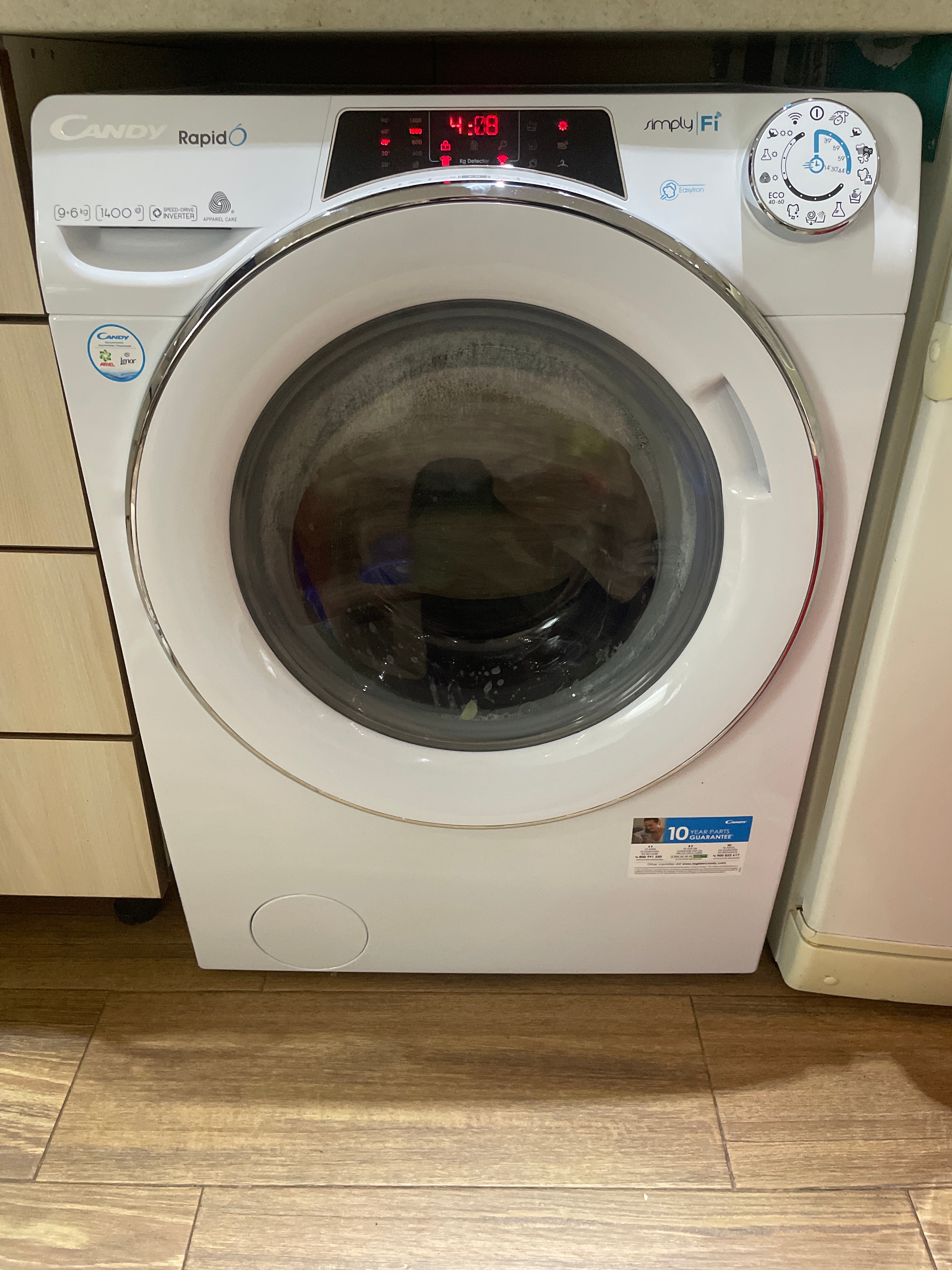 Masina de spalat rufe cu uscator Candy Rapido ROW4966DWMCE/1-S, 9 kg spalare, 6 kg, 1400 RPM, Clasa A, Motor Inverter, WiFi, Mix Power Systems, Alb