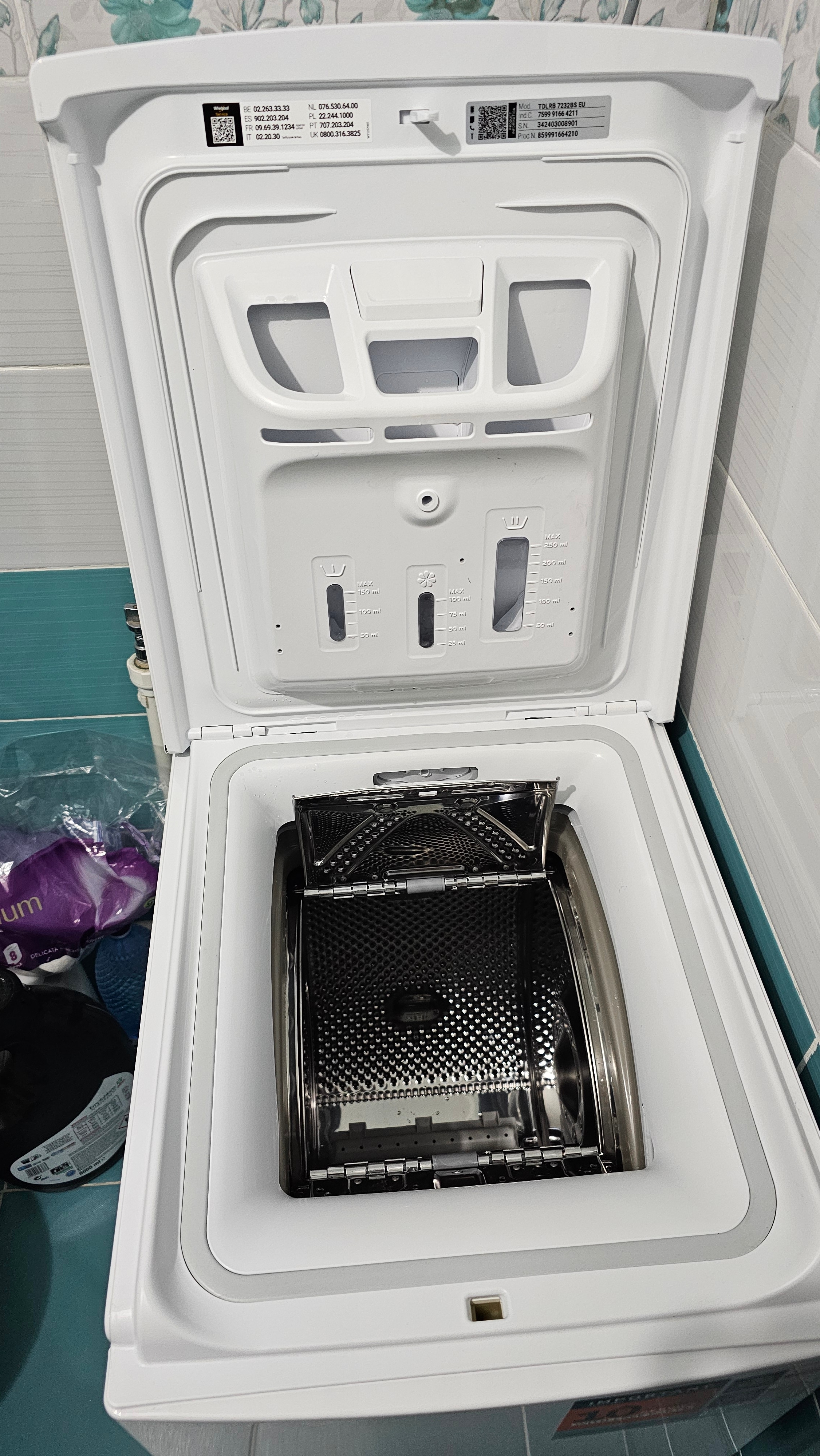 Masina de spalat rufe cu incarcare verticala Whirlpool TDLRB7232BSEU, 7 kg, 1200 rpm, Clasa D, Motor Inverter Zen, Display Digital, Tehnologia Al 6-lea Simt, Alb