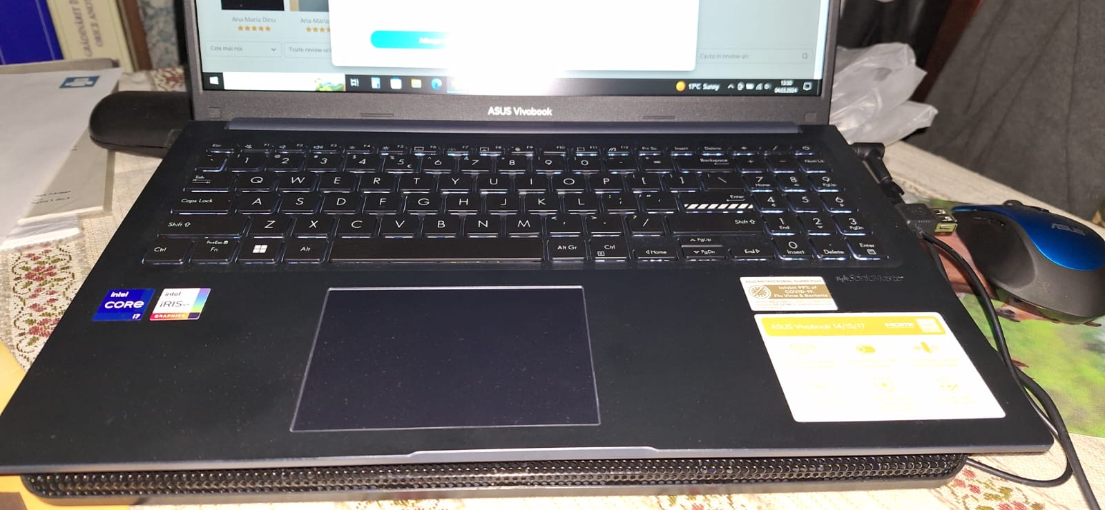 Laptop ASUS VivoBook 15 A1504ZA cu procesor Intel® Core™ i7-1255U pana la 4.70 GHz, 15.6", Full HD, IPS, 16GB, 1TB SSD, Intel® Iris Xe Graphics, No OS, Quiet Blue