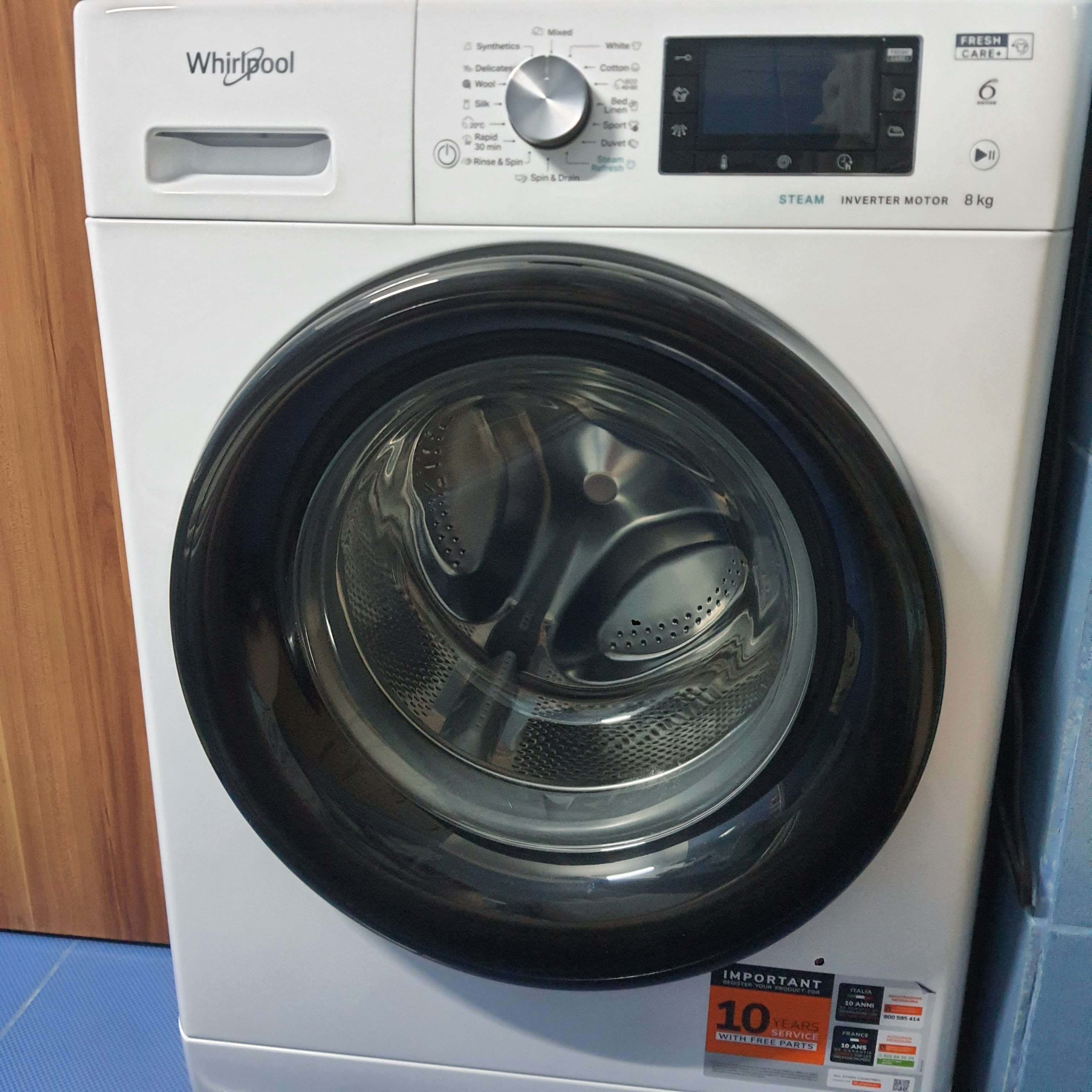 Masina de spalat rufe Whirlpool FreshCare+ FFD8648BVEE, 8 kg, 1600 RPM, Clasa C, Steam Refresh, Steam Hygiene, Tehnologia al-6lea Simt, Motor Inverter, Display LCD, Alb