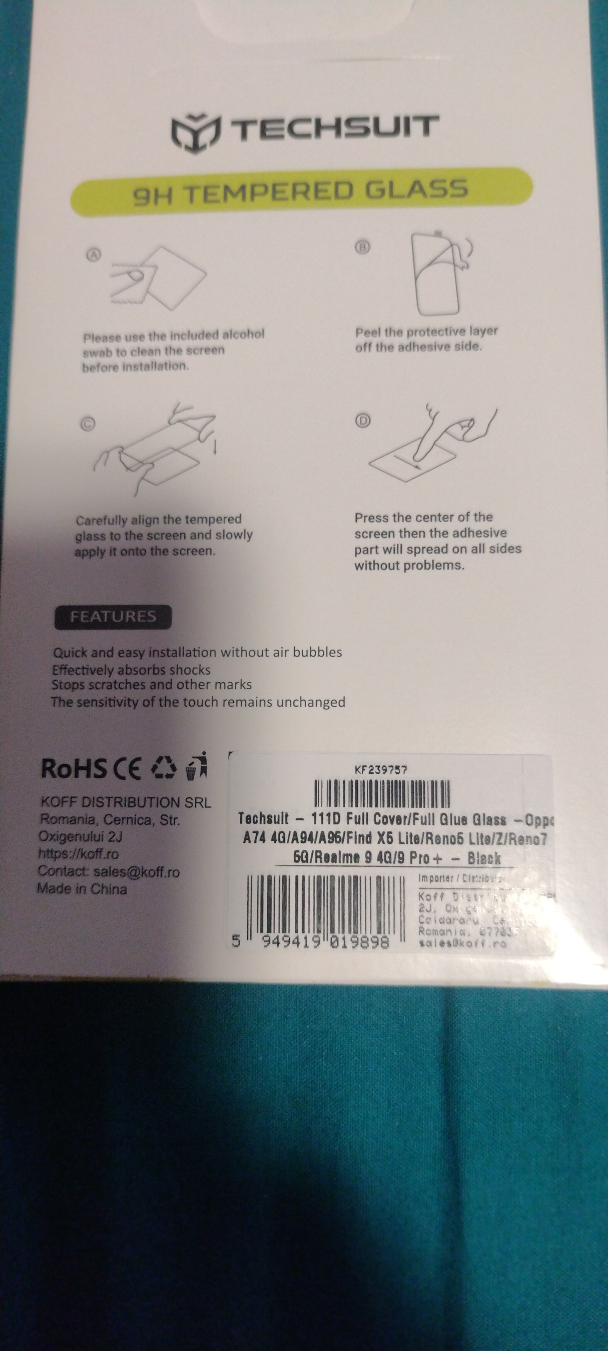 Folie pentru Oppo A74 4G/A94/A95/Find X5 Lite/Reno5 Lite/Reno5 Z/Reno7 5G/Realme 9 4G/9 Pro Plus, Techsuit 111D Full Cover, Full Glue Glass, Black