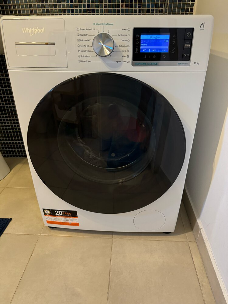 Masina de spalat rufe Whirlpool Supreme Silence W6W045WBEE, 10 kg, 1400 rpm, Clasa B, Al 6-lea Simt, Motor Zen Direct Drive, FreshCare+, Steam Refresh, Steam Hygiene, Display LCD, Alb
