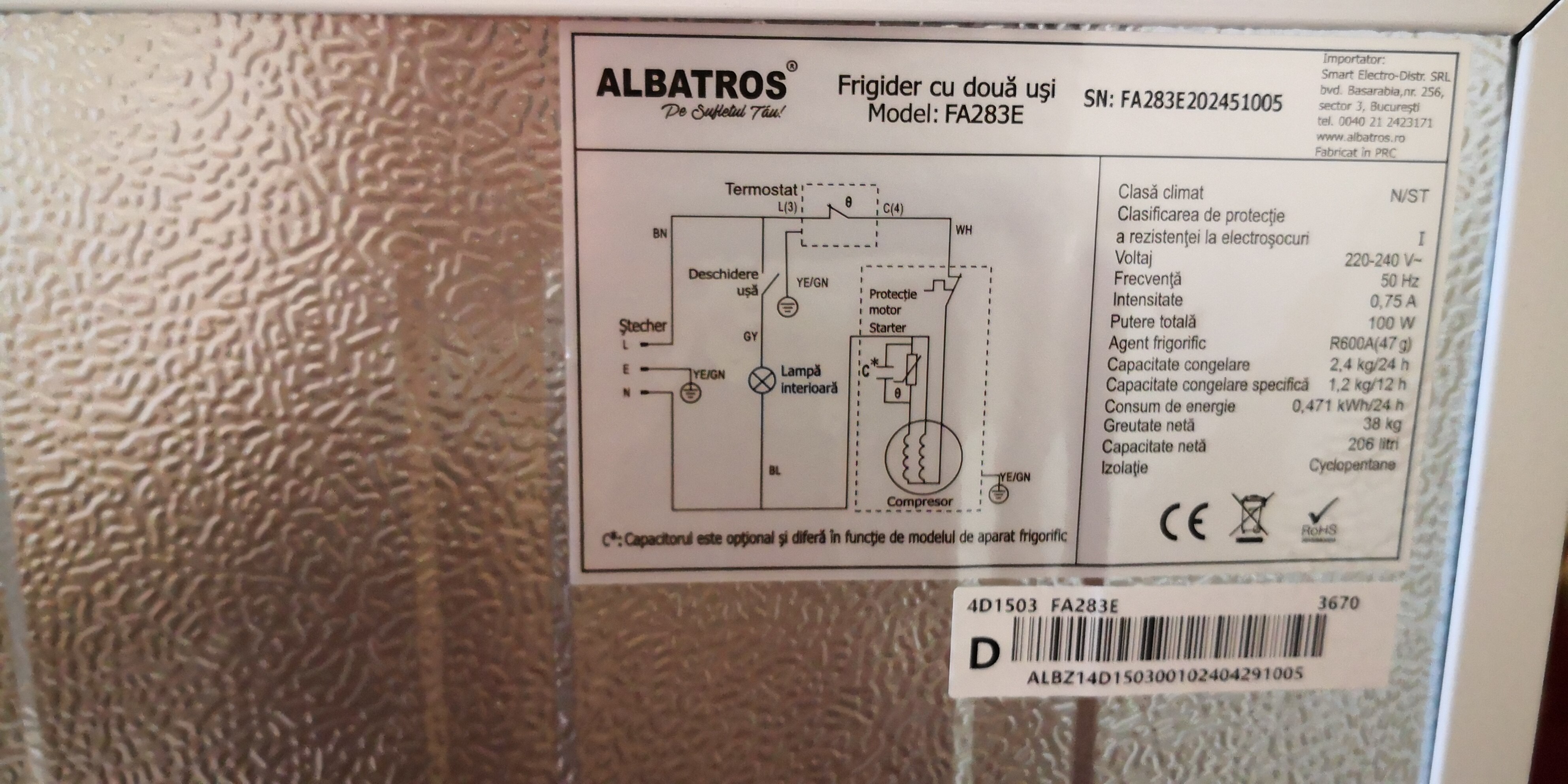 Frigider cu 2 usi Albatros FA283E, 206 l, Clasa E, Termostat reglabil, H 143 cm, Alb