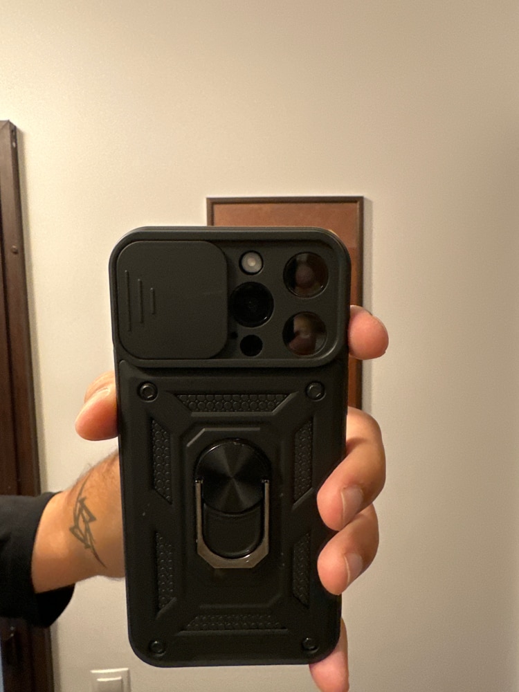 Husa telefon compatibila cu iPhone 14 Pro Max, protectie camera Slide and Snap Soft Premium, Magnetic Ring Holder, PopGrip, Anti-Shock, Rugged Protection, Negru