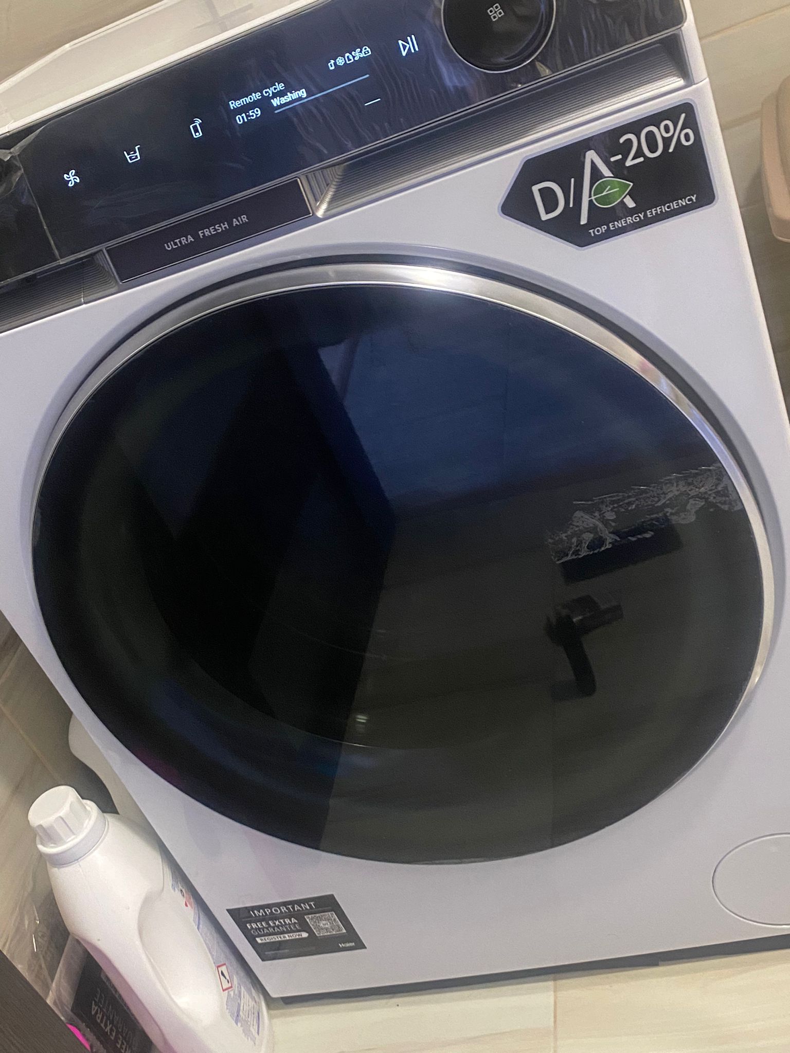 Masina de spalat rufe cu uscator Haier HWD100-B14397US, Spalare 10 kg, Uscare 6 kg, 1400 rpm, Motor Direct Motion, Clasa A, Ultra Fresh, WiFi, ABT, display LCD, Smart Dual Spray, Alb