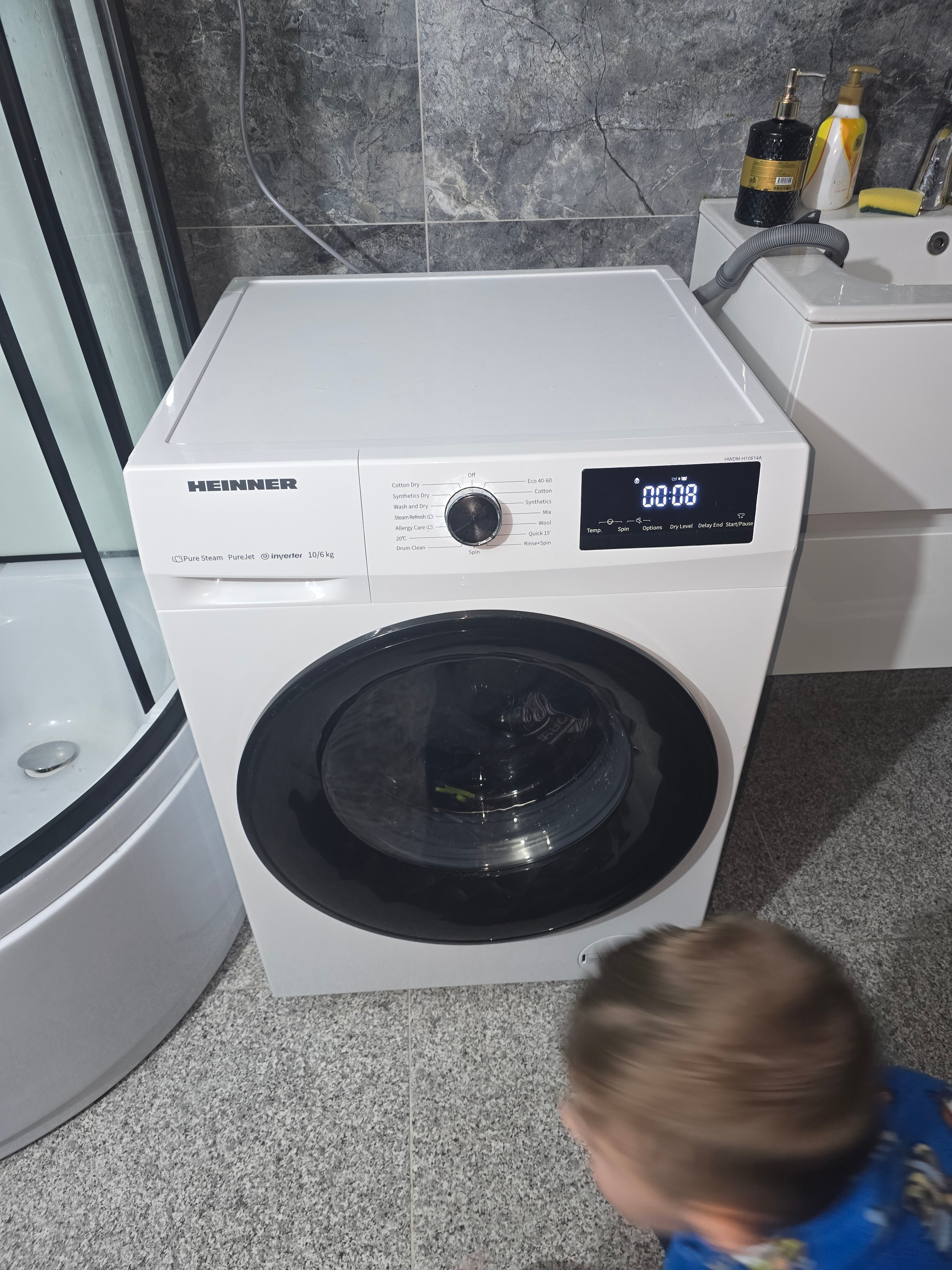 Masina de spalat rufe cu uscator Heinner HWDM-H10614A, Spalare 10 kg, Uscare 6 kg, 1400 rpm, Clasa A, Motor Inverter, Display LED, Alb