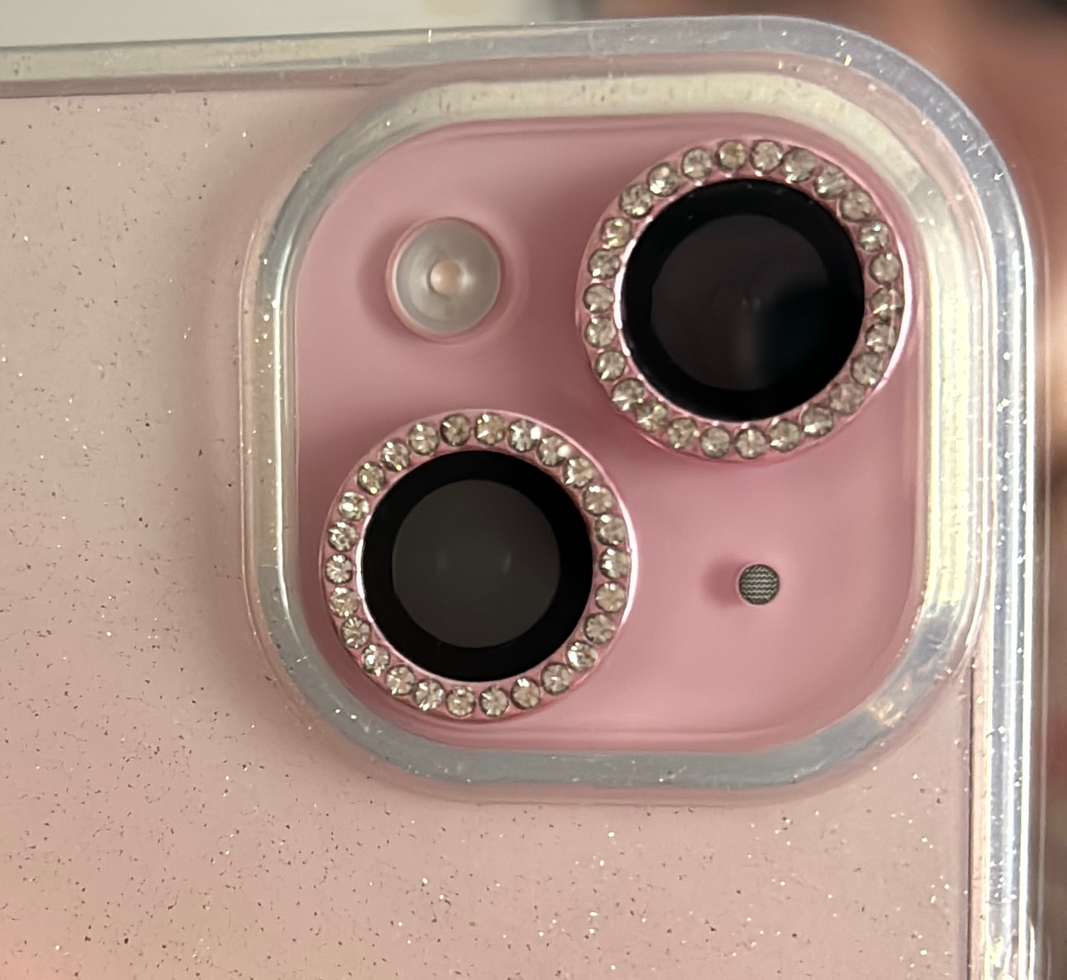 Folie camera cu Strasuri, Individuala, Compatibila cu iPhone 15/15 Plus, Sticla, Roz