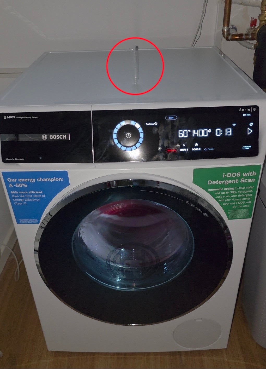 Masina de spalat rufe Bosch Seria 8 WGB244A2BY, 9 kg, 1400 RPM, I-DOS, Touch control, Iron Assist, Home Connect, Added Steam, Iluminare interioara, EcoSilence Drive, Anti Stain, Clasa A, 60 cm, Alb
