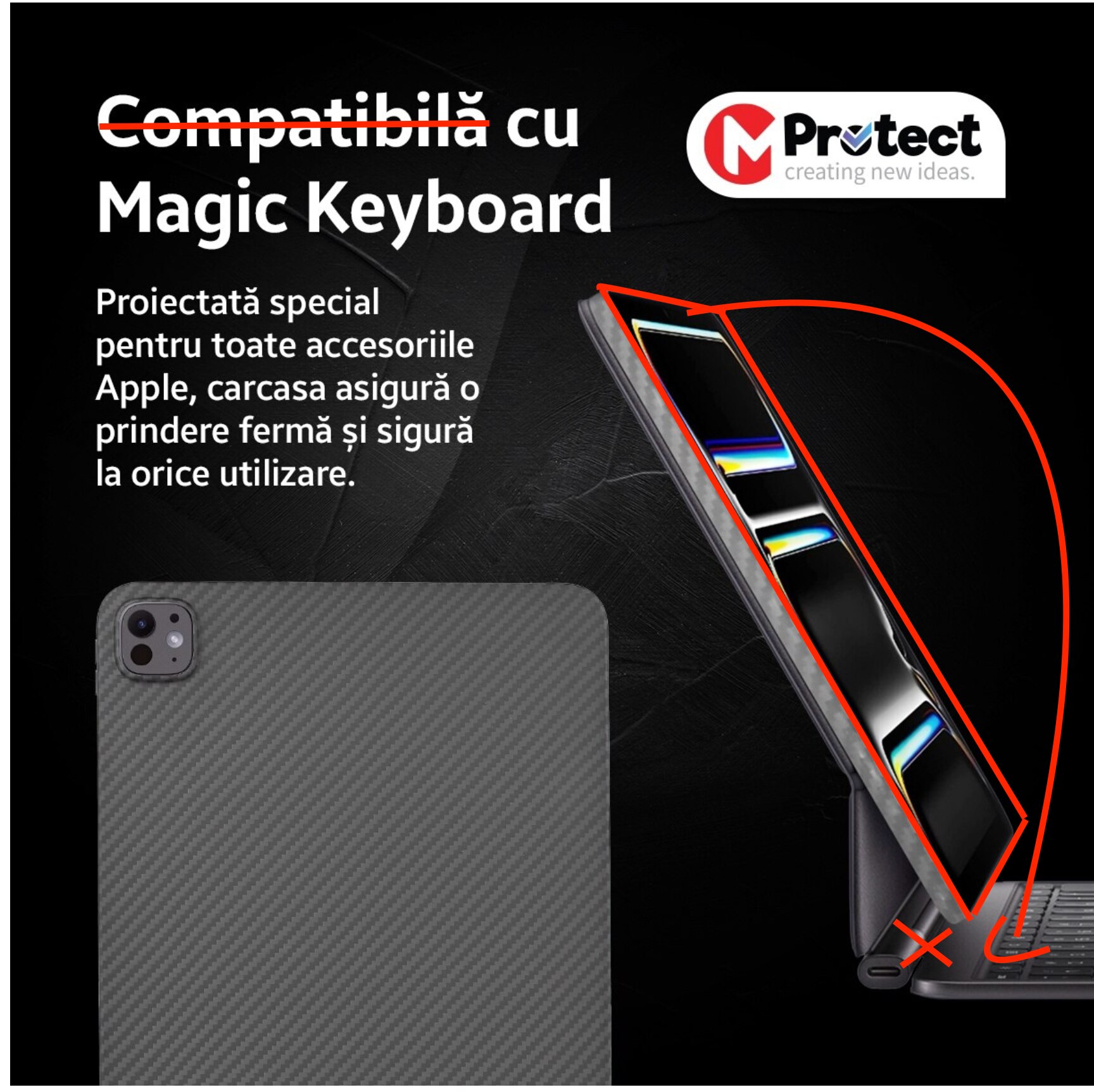 Husa de protectie Kevlar MProtect® Premium din fibra de aramida pentru Apple iPad Pro 13" (2024), Antisoc, Protectie camera, Ultra Safe, Carbon