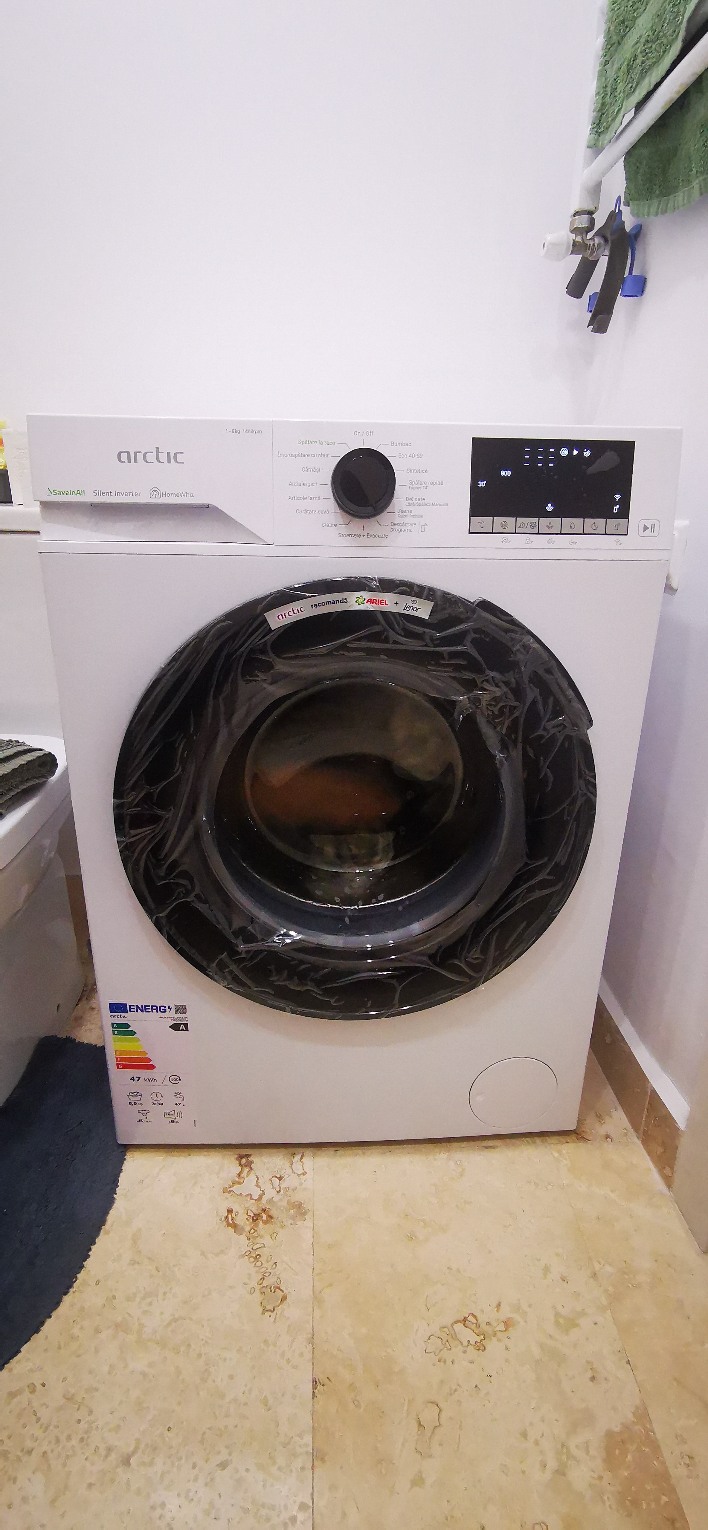 Masina de spalat rufe Arctic APLM3WFSU38412W, 8 Kg, 1400 RPM, Motor Silent Inverter, Drum Clean+Steam, Child Lock, HomeWhiz, Digital Display, Add-In, Clasa A, Alb