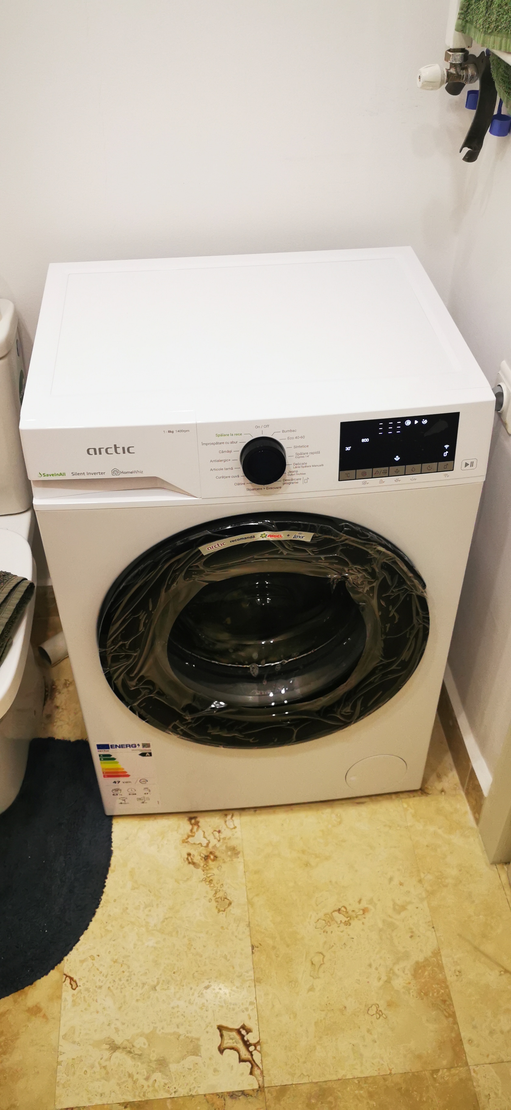 Masina de spalat rufe Arctic APLM3WFSU38412W, 8 Kg, 1400 RPM, Motor Silent Inverter, Drum Clean+Steam, Child Lock, HomeWhiz, Digital Display, Add-In, Clasa A, Alb