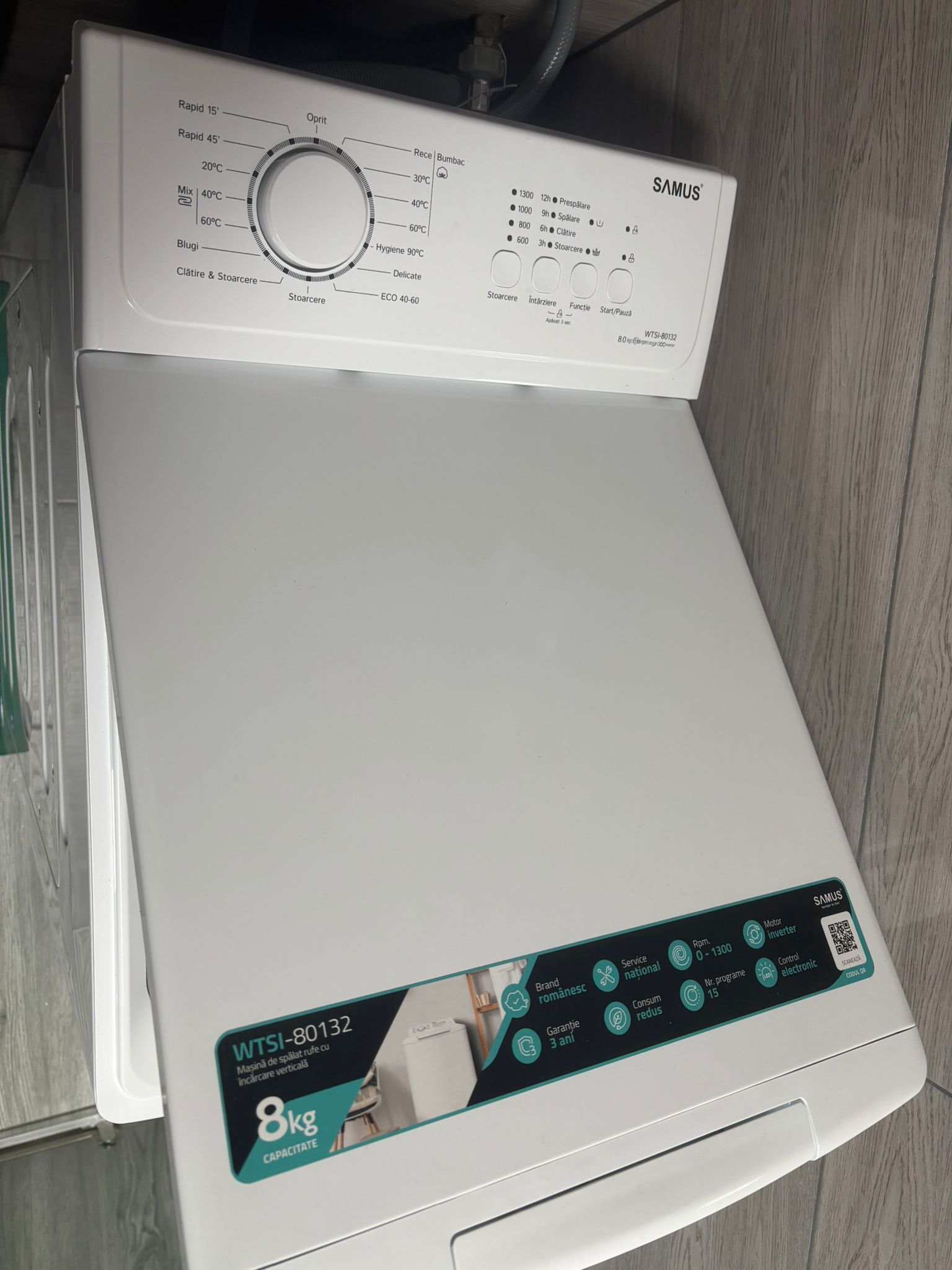 Masina de spalat rufe verticala Samus WTSI-80132, 8 kg, 1300 rpm, Motor Inverter, 15 programe, latime 40 cm, Programe speciala Hygiene, Blugi, Blocare acces copii, auto-echilibrare tambur, Alba