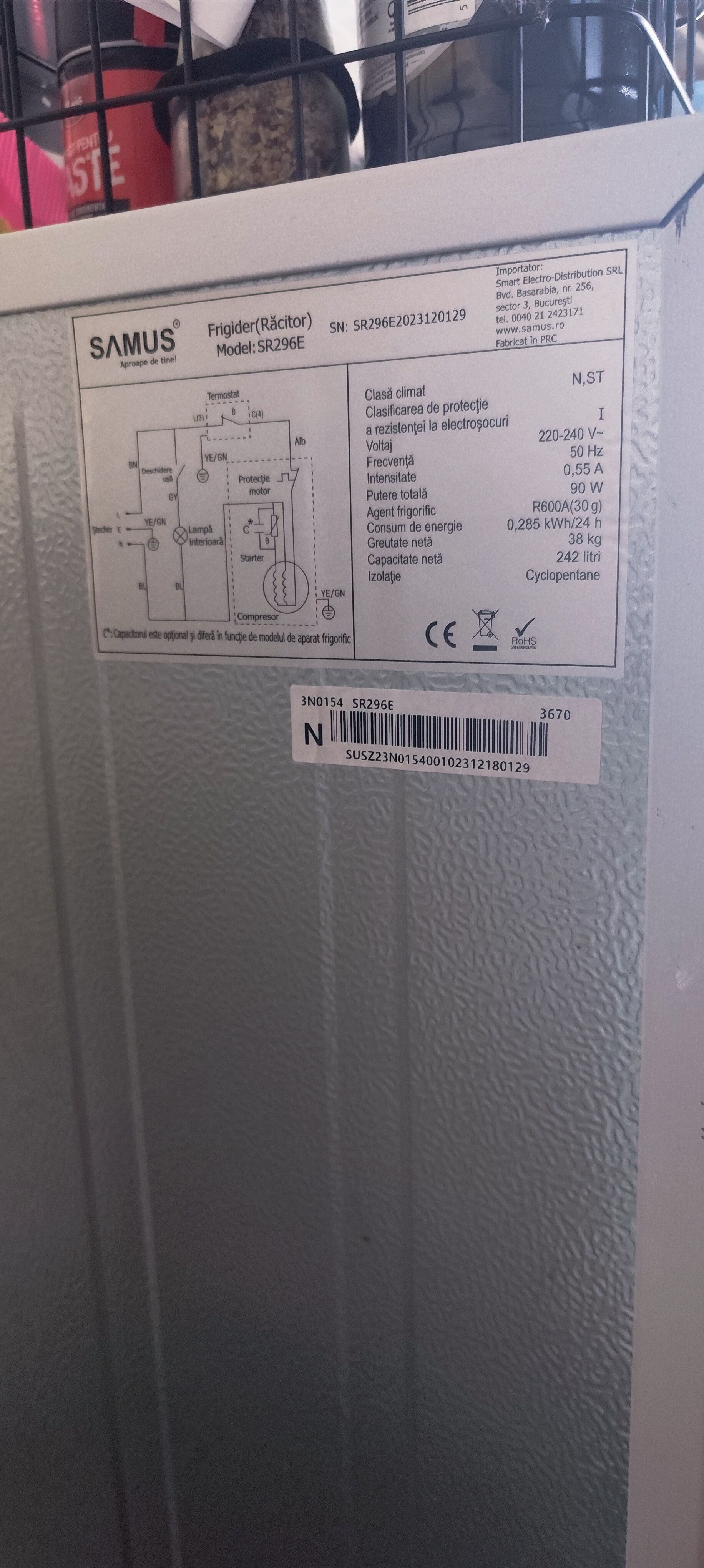 Frigider Racitor Samus SR296E, 242 L, Clasa energetica E, Termostat reglabil, 5 rafturi, H 142.6 cm, Alb