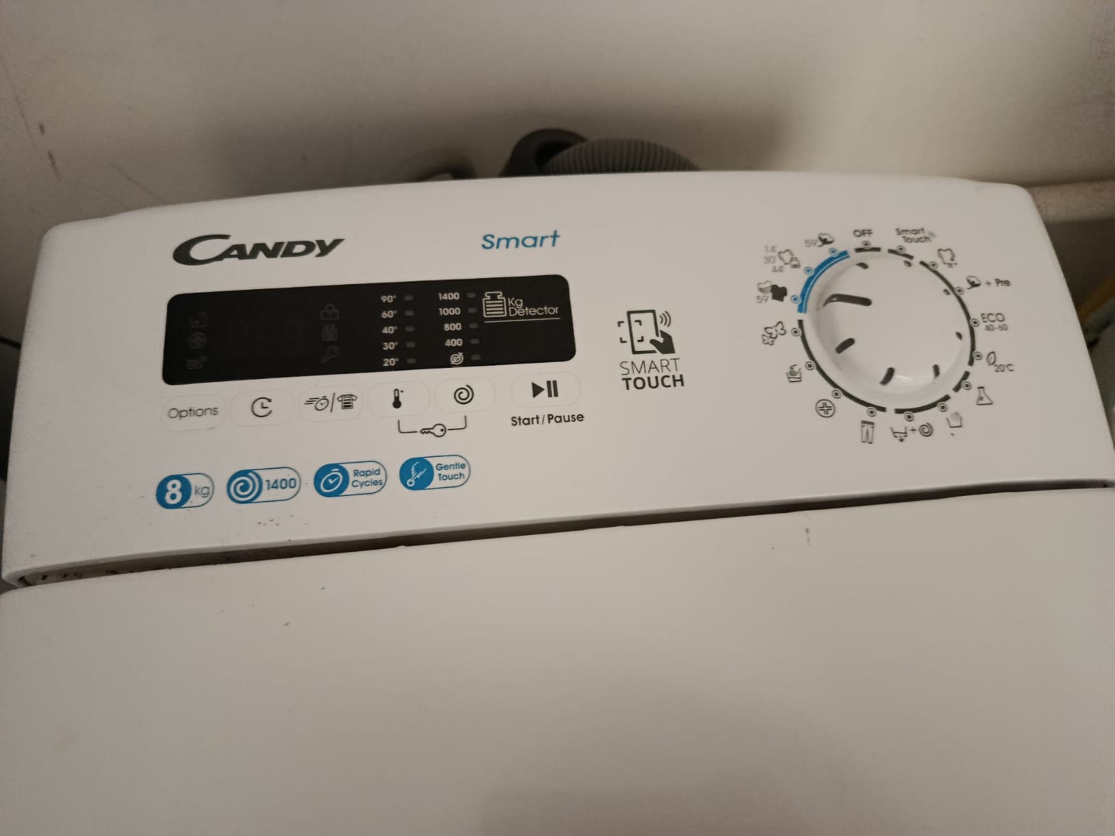 Masina de spalat rufe cu incarcare verticala Candy CSTG 48TE/1-S, 8 kg, 1400 RPM, Clasa F, Mix Power Systems, Easy Iron, Kg Detector, Gentle touch opening, Alb
